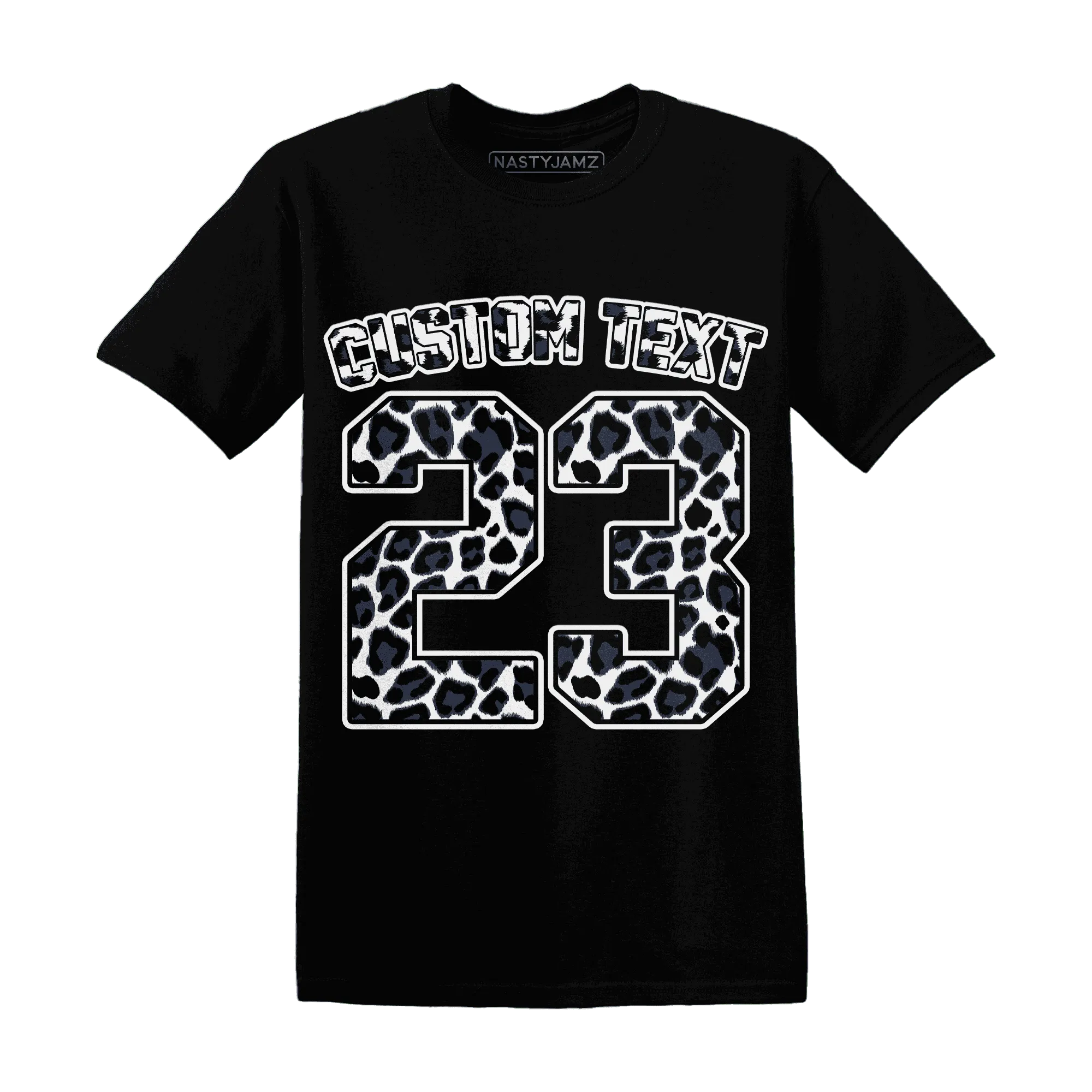 White-Navy-6s-T-Shirt-Match-Number-23-Leopard-Custom-Text