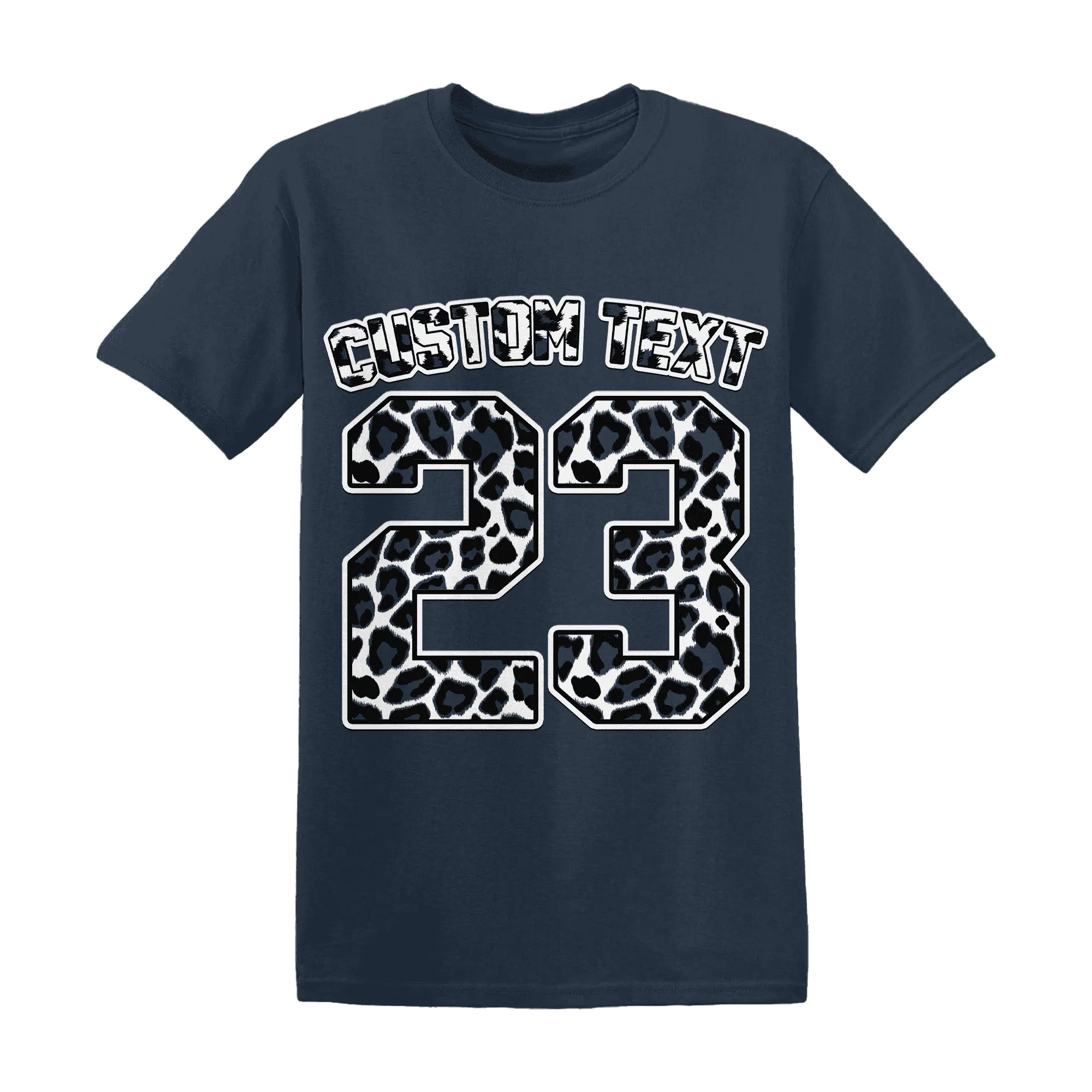 White-Navy-6s-T-Shirt-Match-Number-23-Leopard-Custom-Text