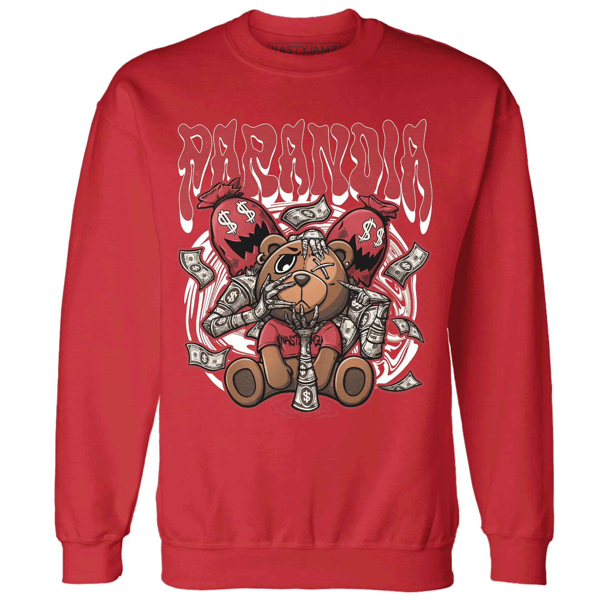 Black-Toe-Reimagined-Red-White-1s-NastyJamz-Sweatshirt-Match-Paranoia-Money-BER