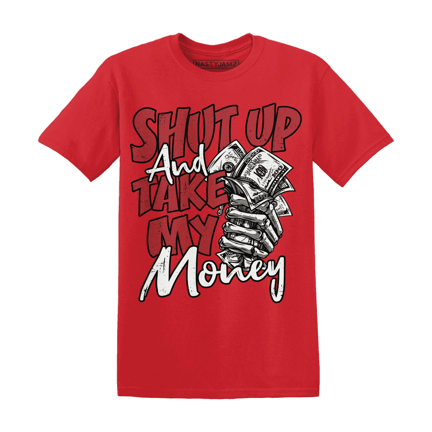 Black-Toe-Reimagined-Red-White-1s-NastyJamz-T-Shirt-Match-Shut-Up