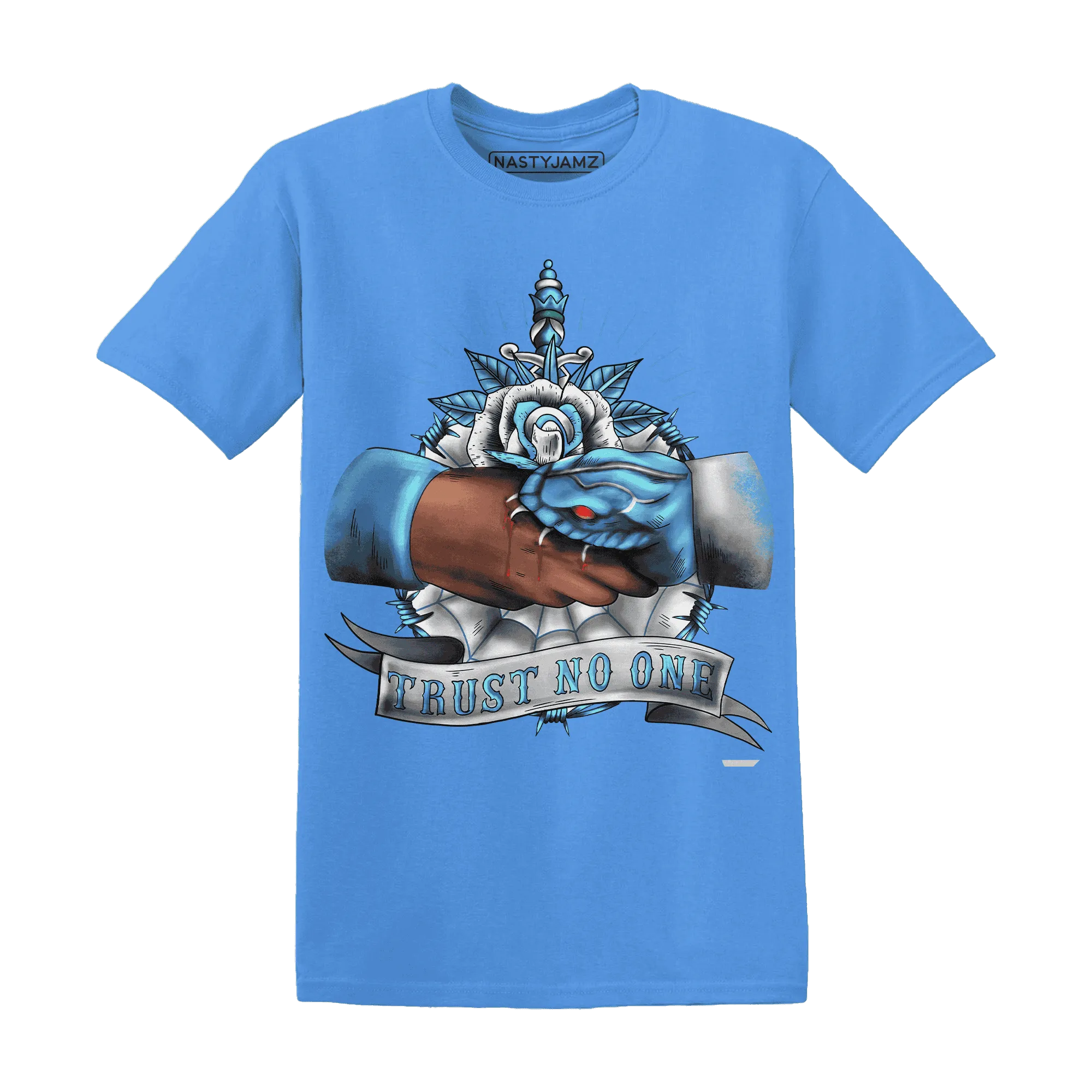 NastyJamz-Carolina-Blue-Univercitii-17s-T-Shirt-Match-Trust-No-One-Old-School