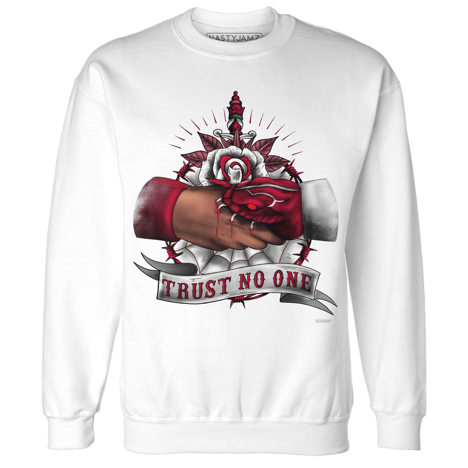 High White Team Red 1s Sweatshirt Match Trust No One Old School - NastyJamz