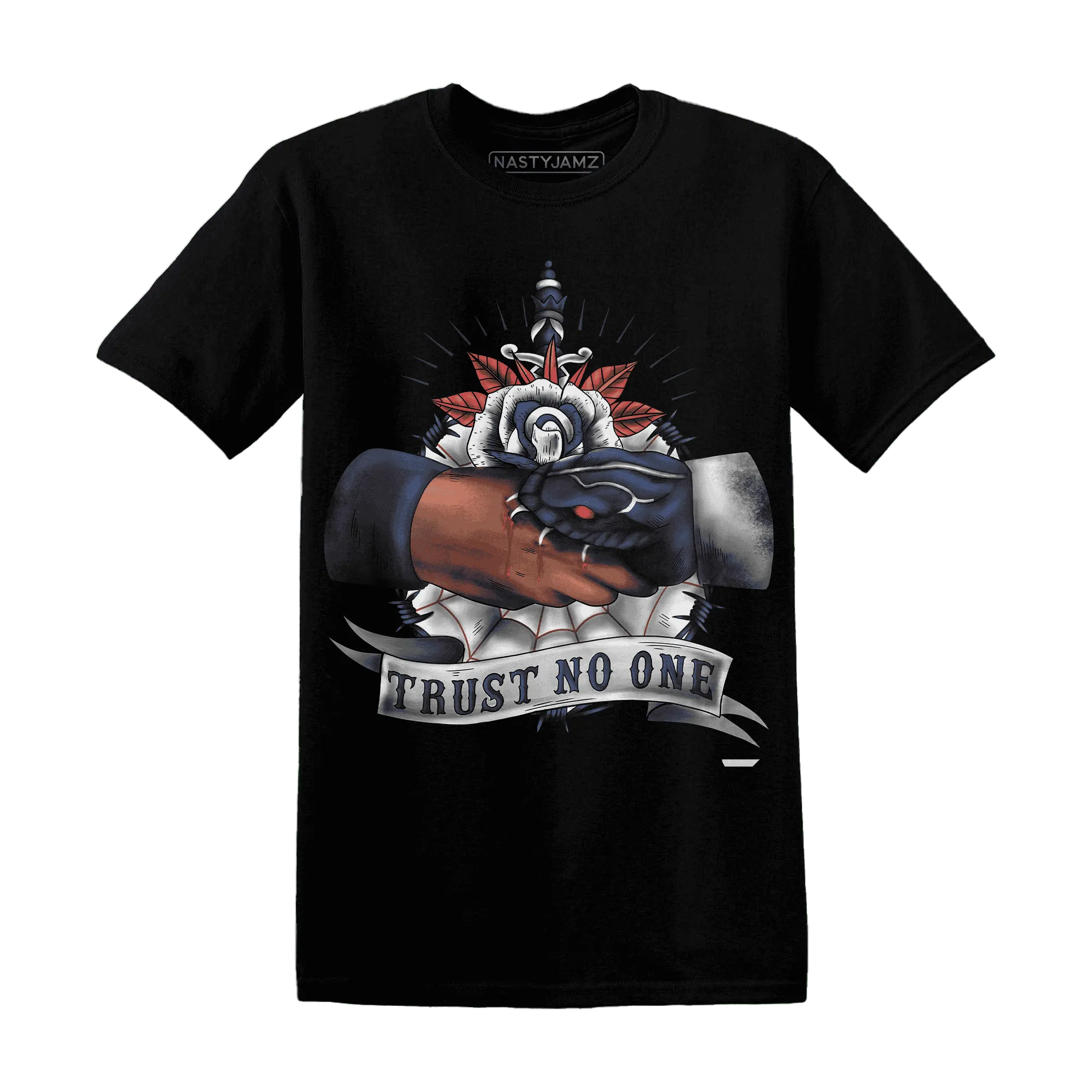 White-Navy-6s-T-Shirt-Match-Trust-No-One-Old-School
