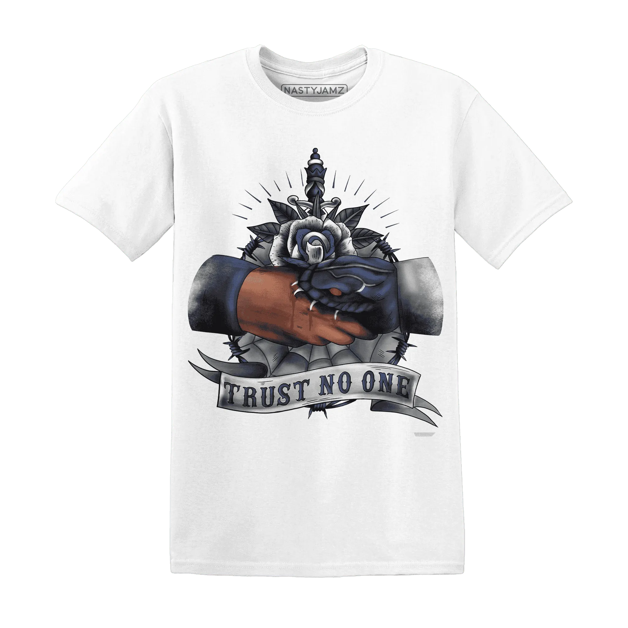 VaporMax-Plus-Midnight-Navy-White-Metallic-Silver-NastyJamz-T-Shirt-Match-Trust-No-One-Old-School