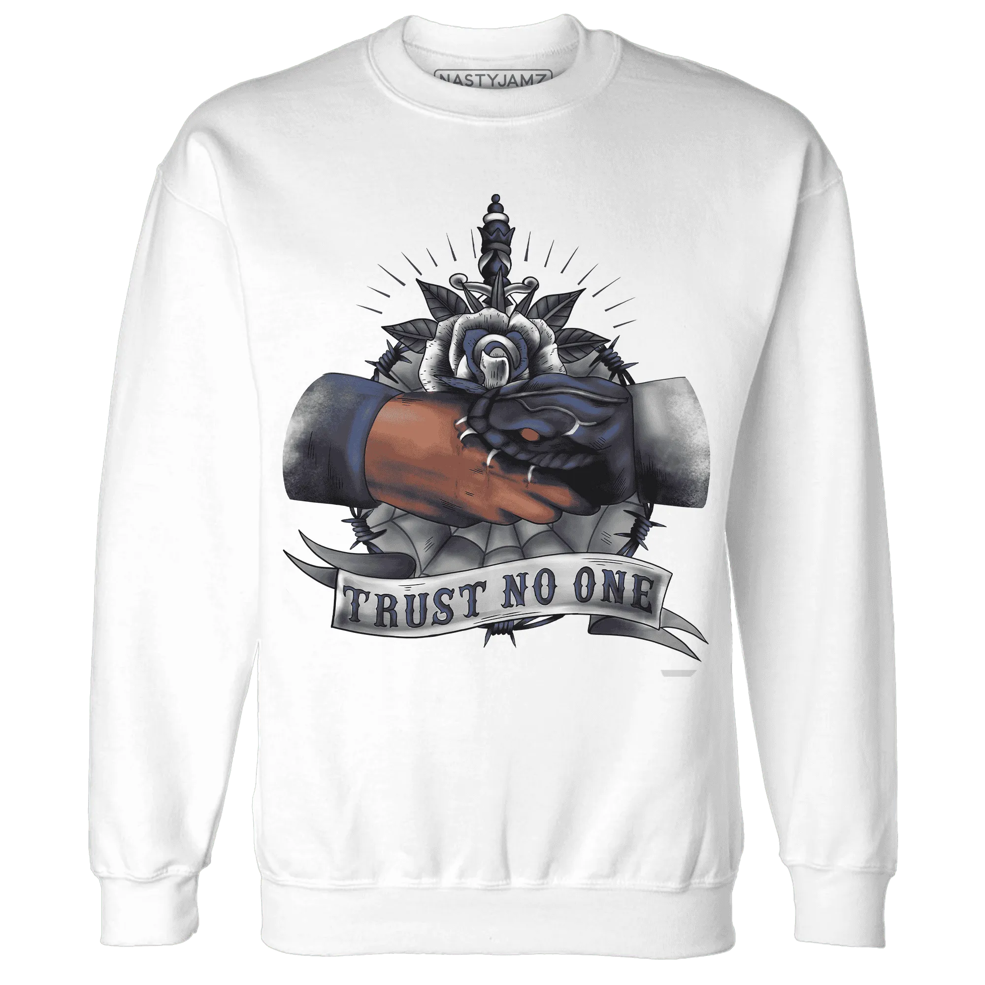 VaporMax-Plus-Midnight-Navy-White-Metallic-Silver-NastyJamz-Sweatshirt-Match-Trust-No-One-Old-School
