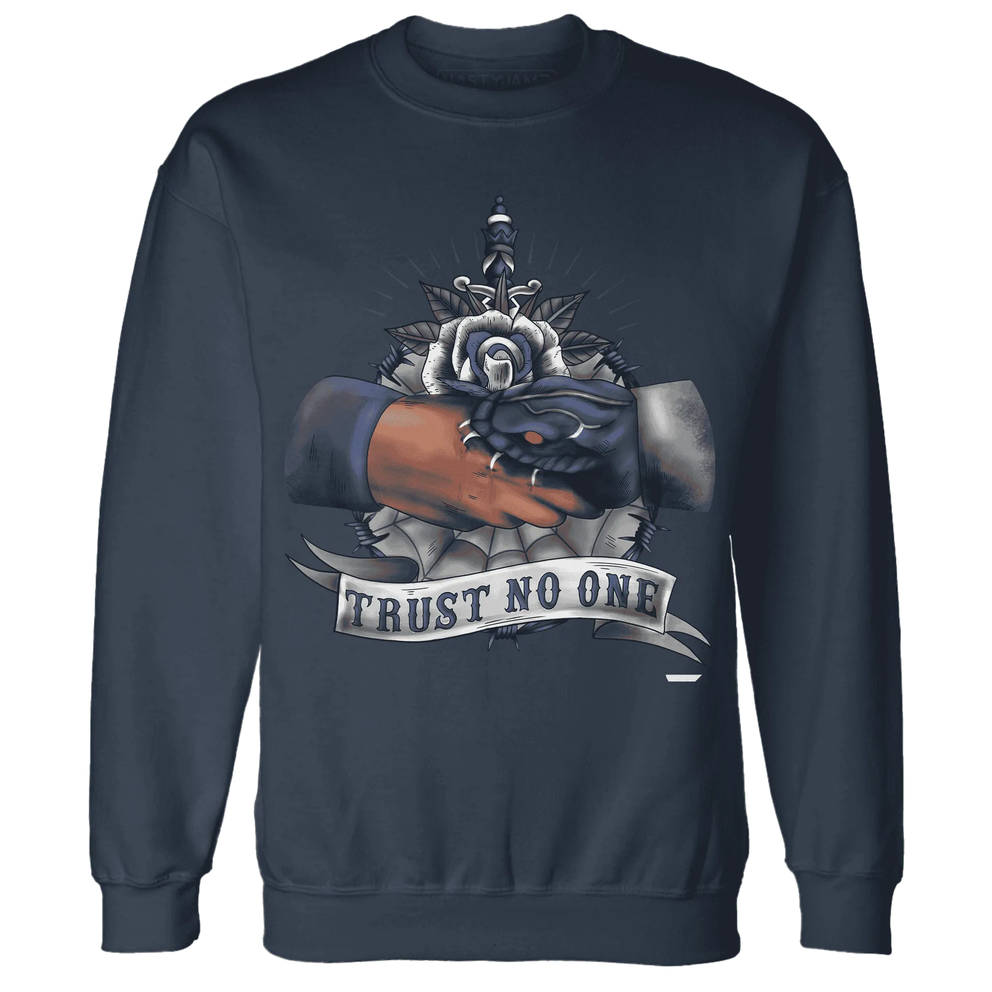 VaporMax-Plus-Midnight-Navy-White-Metallic-Silver-NastyJamz-Sweatshirt-Match-Trust-No-One-Old-School