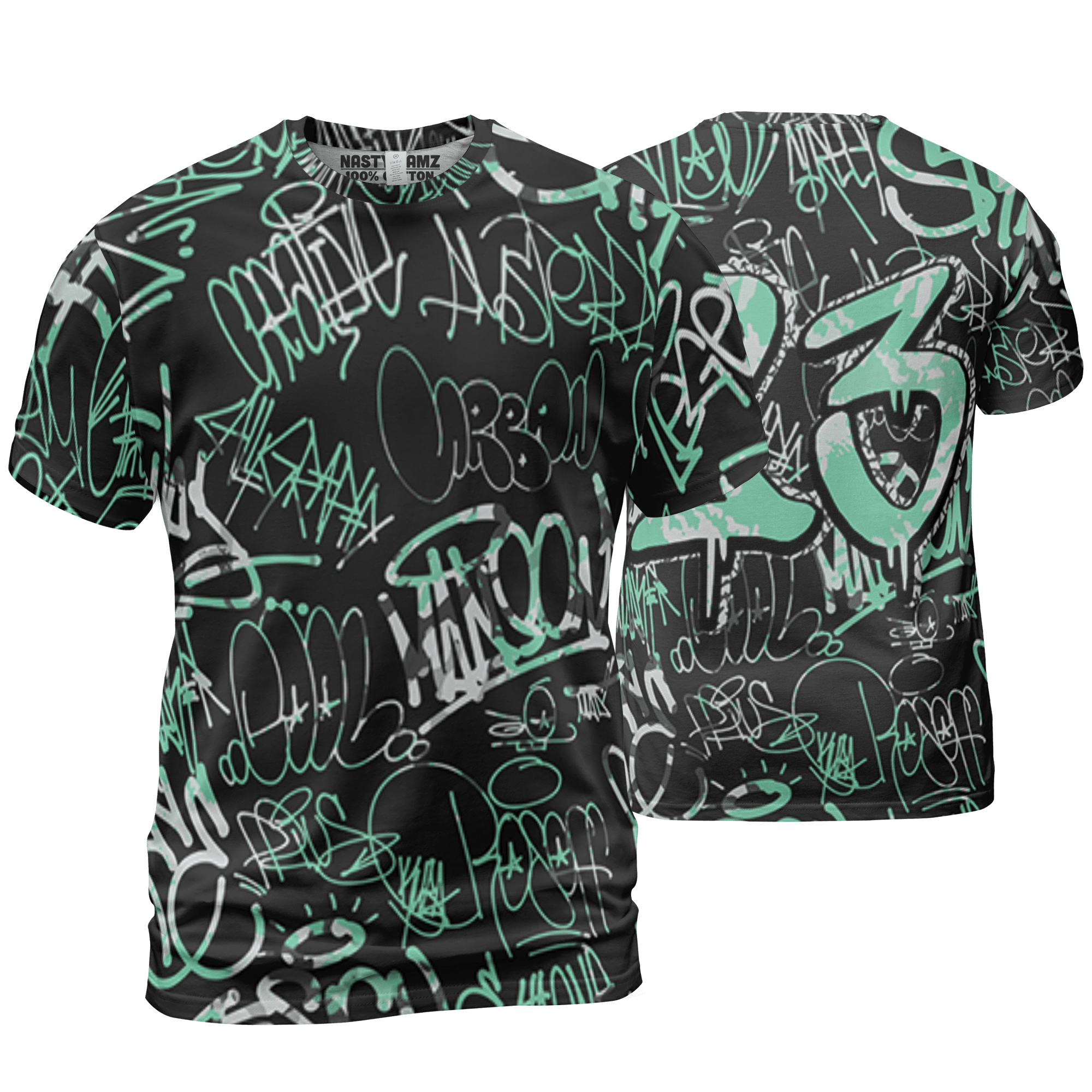 Green Glow 3s T Shirt Match 23 Hiphop 3D All-Over Print Graffiti Pattern - NastyJamz