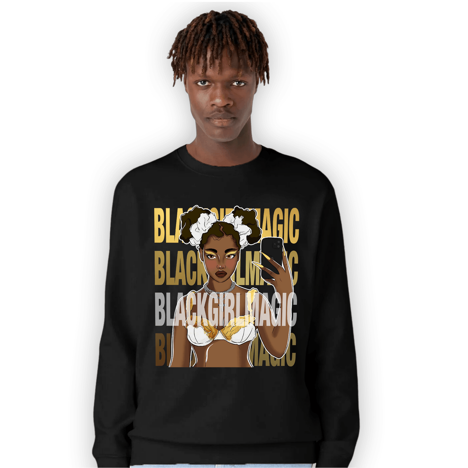 Mid SE Black Gold 1s Sweatshirt Match Black Magic Girl Selfie - NastyJamz