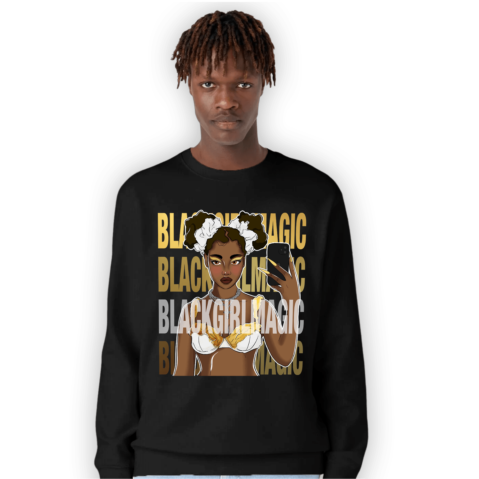 Mid SE Black Gold 1s Sweatshirt Match Black Magic Girl Selfie - NastyJamz