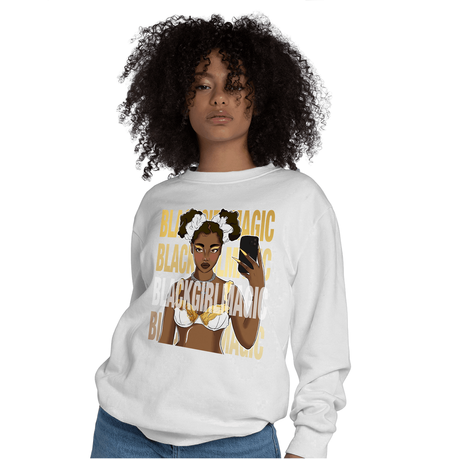 Mid SE Black Gold 1s Sweatshirt Match Black Magic Girl Selfie - NastyJamz