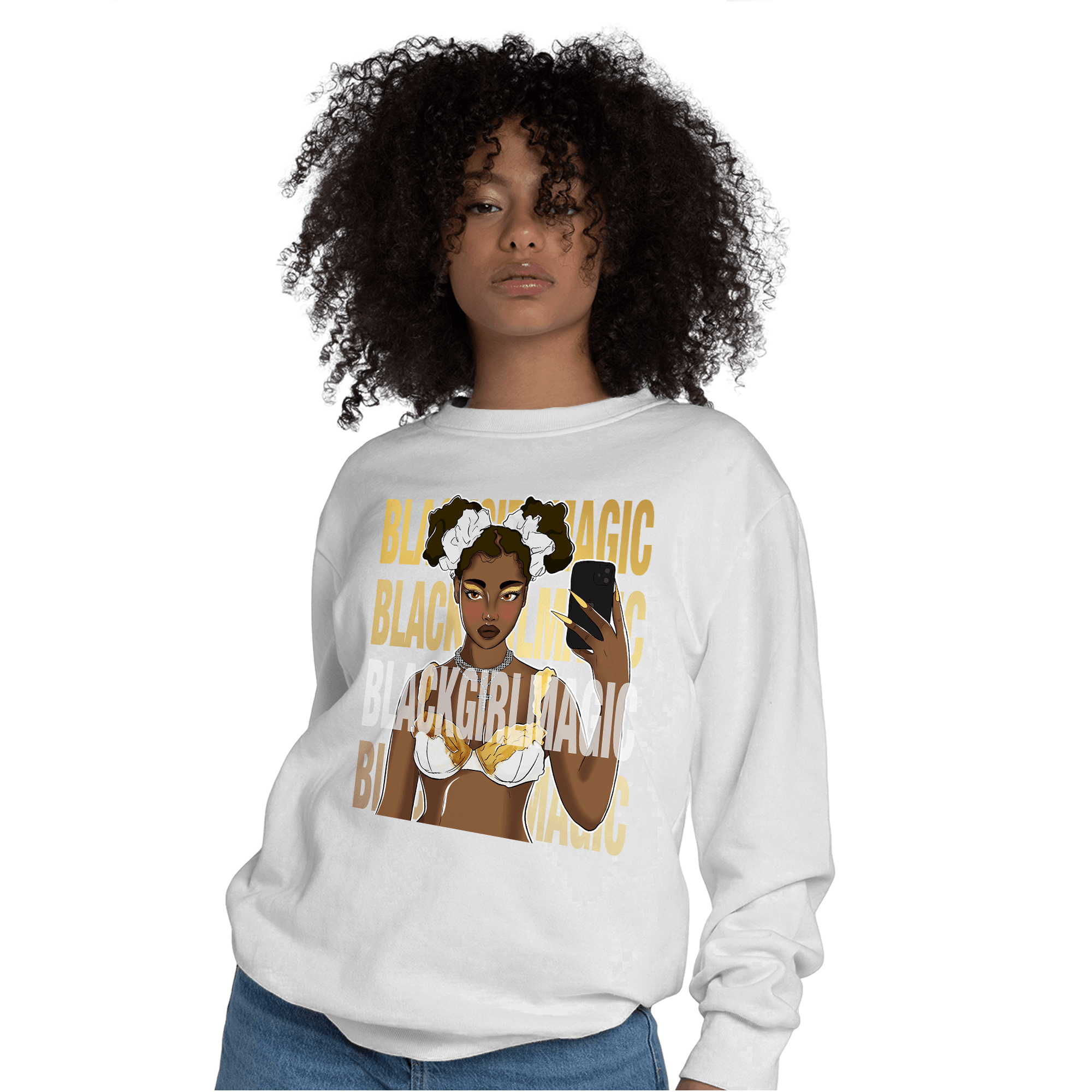 Mid SE Black Gold 1s Sweatshirt Match Black Magic Girl Selfie - NastyJamz