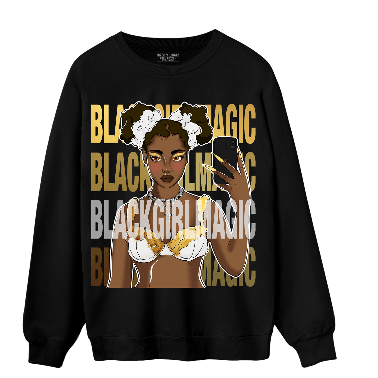 Mid SE Black Gold 1s Sweatshirt Match Black Magic Girl Selfie - NastyJamz