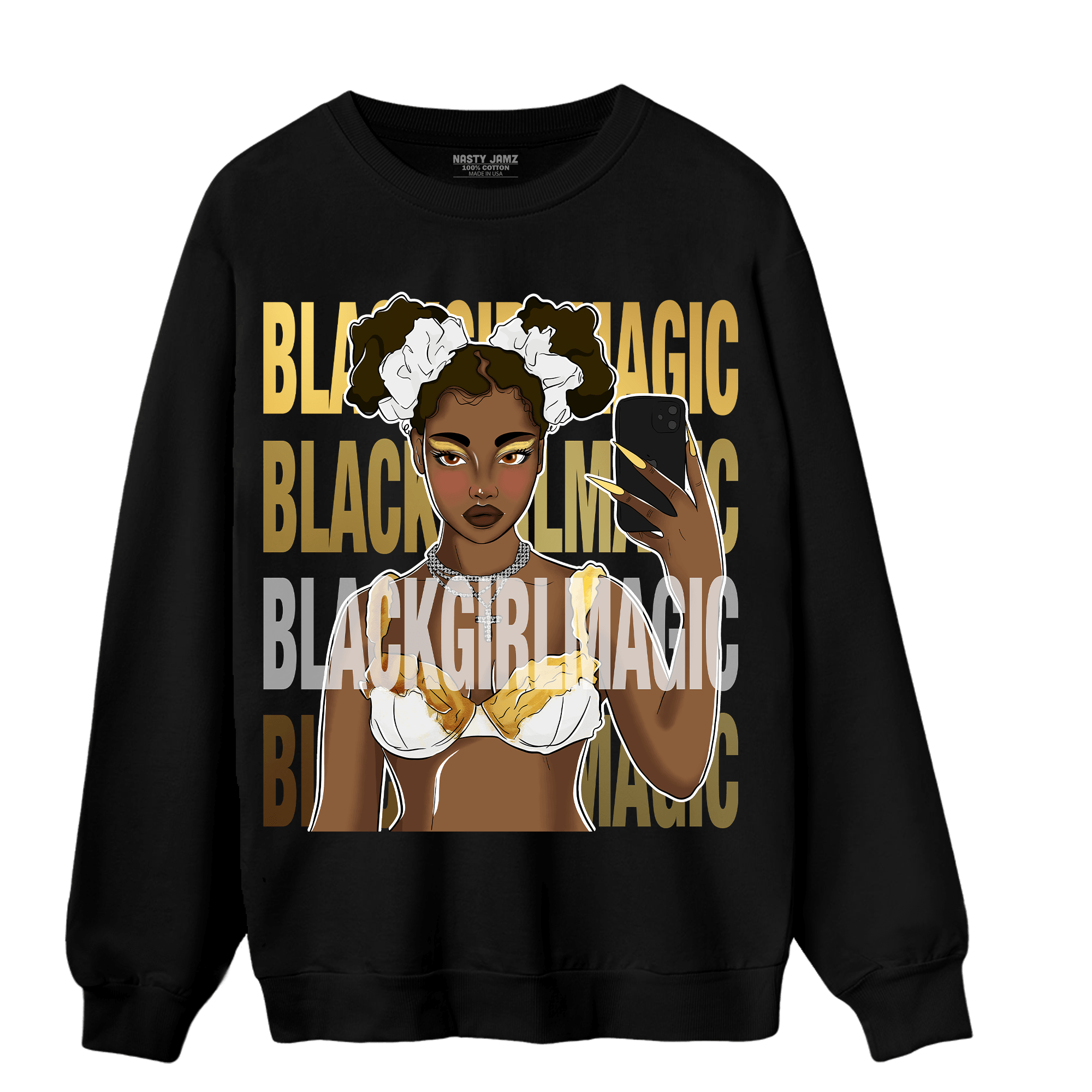 Mid SE Black Gold 1s Sweatshirt Match Black Magic Girl Selfie - NastyJamz