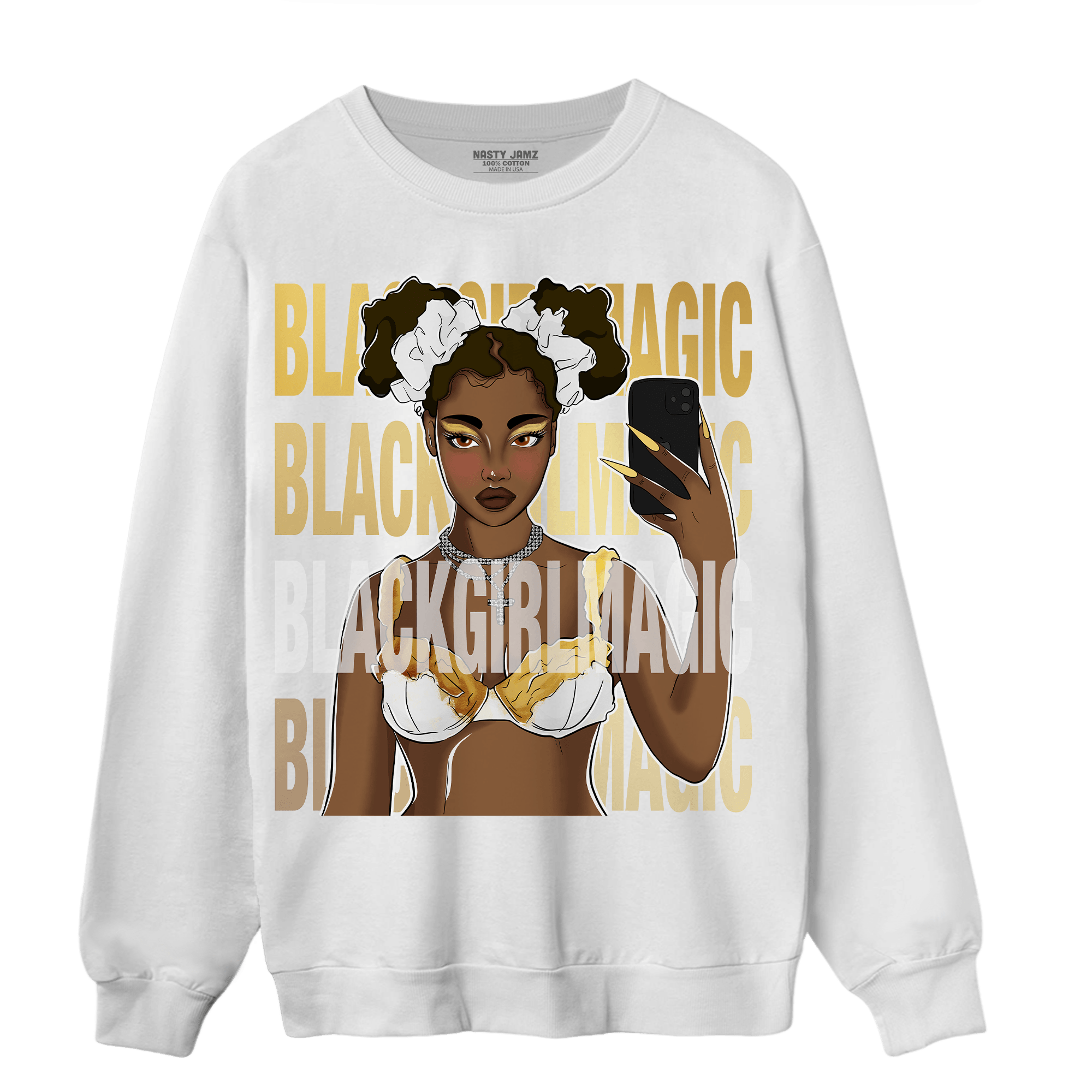 Mid SE Black Gold 1s Sweatshirt Match Black Magic Girl Selfie - NastyJamz