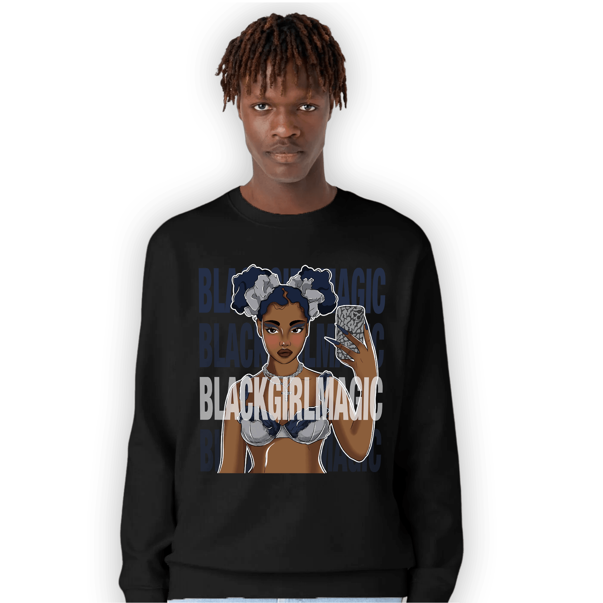 White Navy 3s Sweatshirt Match Black Magic Girl Selfie - NastyJamz