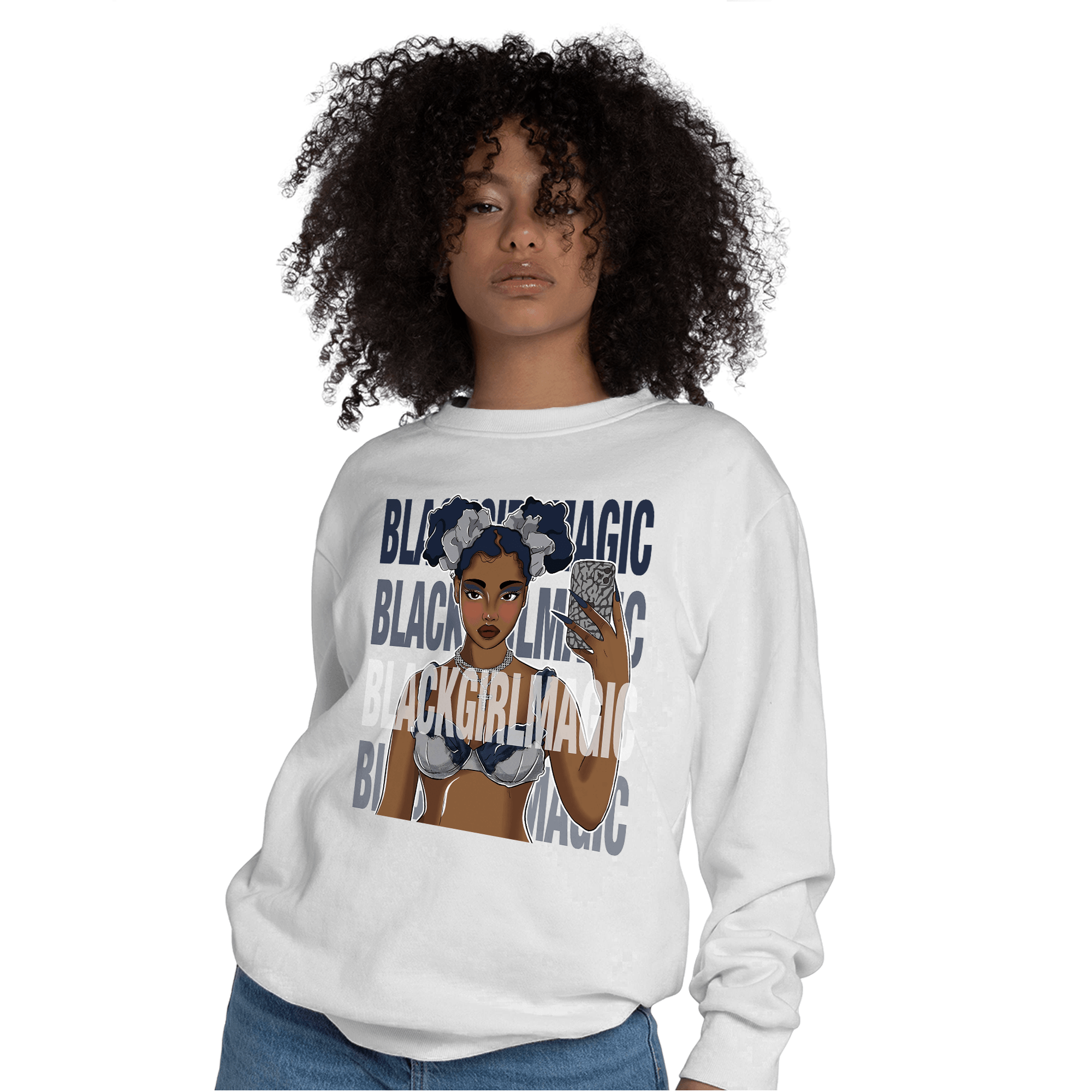 White Navy 3s Sweatshirt Match Black Magic Girl Selfie - NastyJamz