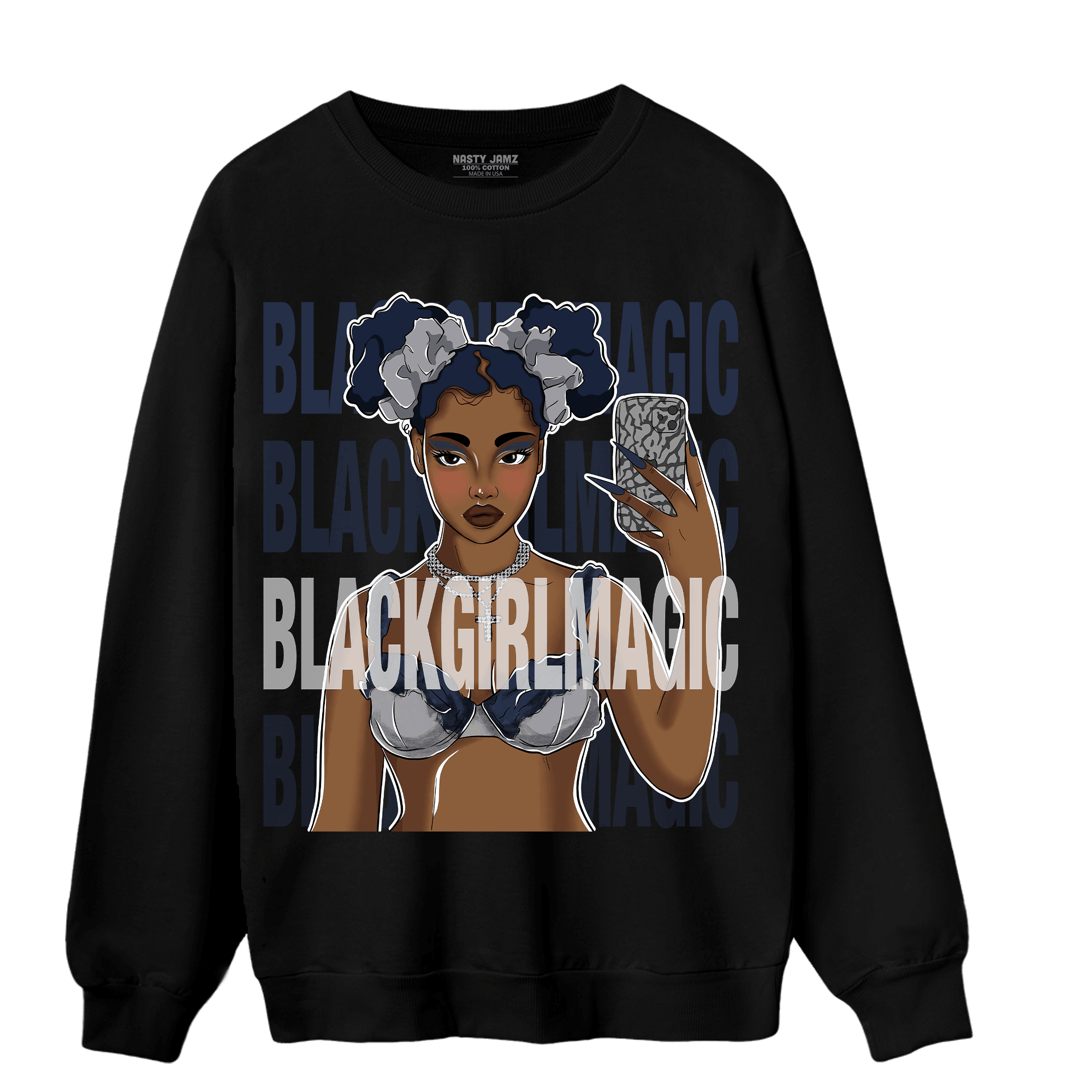 White Navy 3s Sweatshirt Match Black Magic Girl Selfie - NastyJamz
