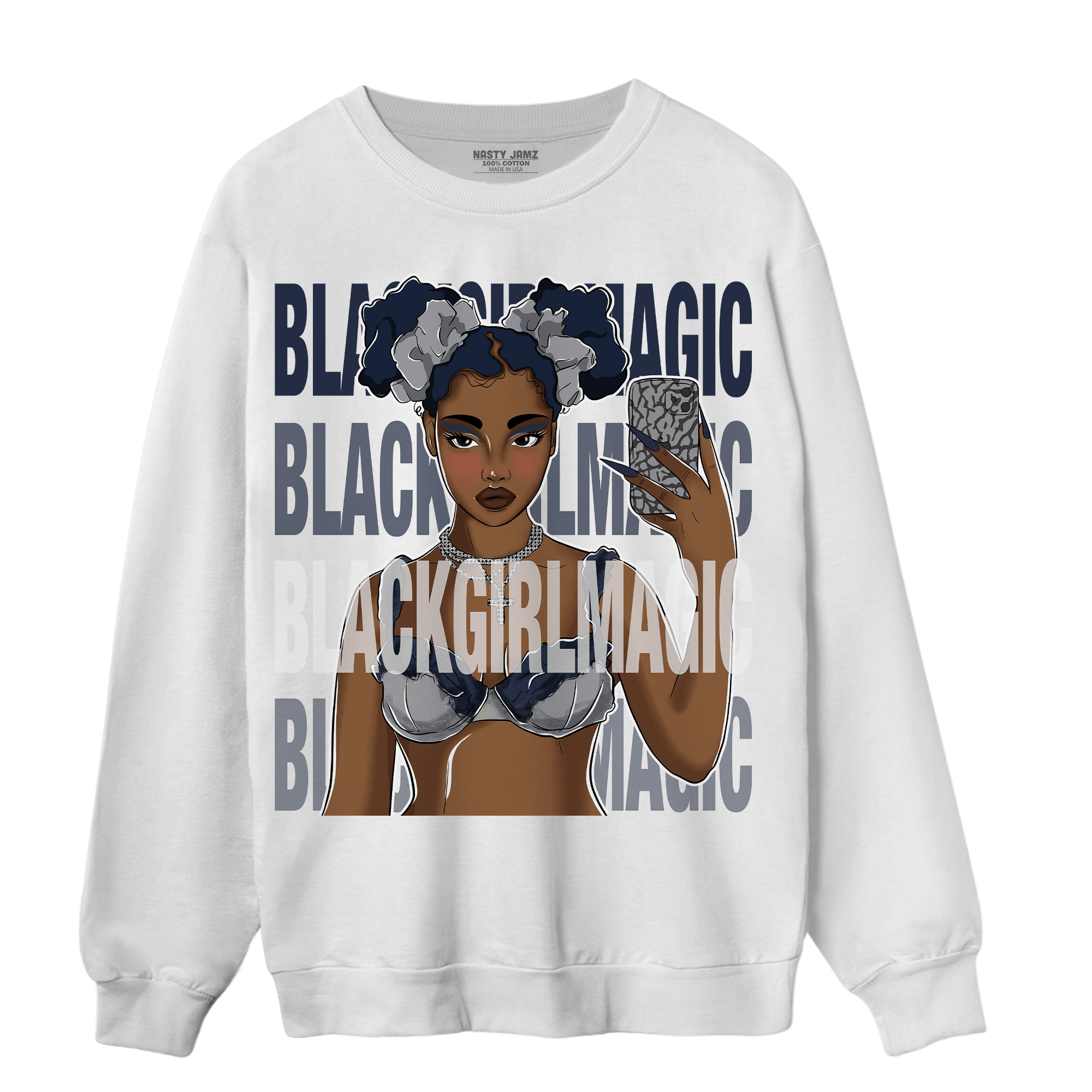 White Navy 3s Sweatshirt Match Black Magic Girl Selfie - NastyJamz