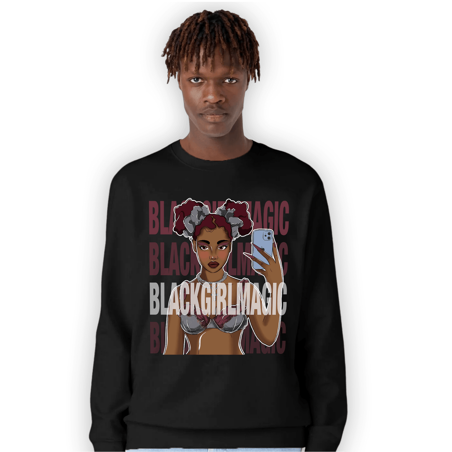 Burgundy 5s Sweatshirt Match Black Magic Girl Selfie - NastyJamz