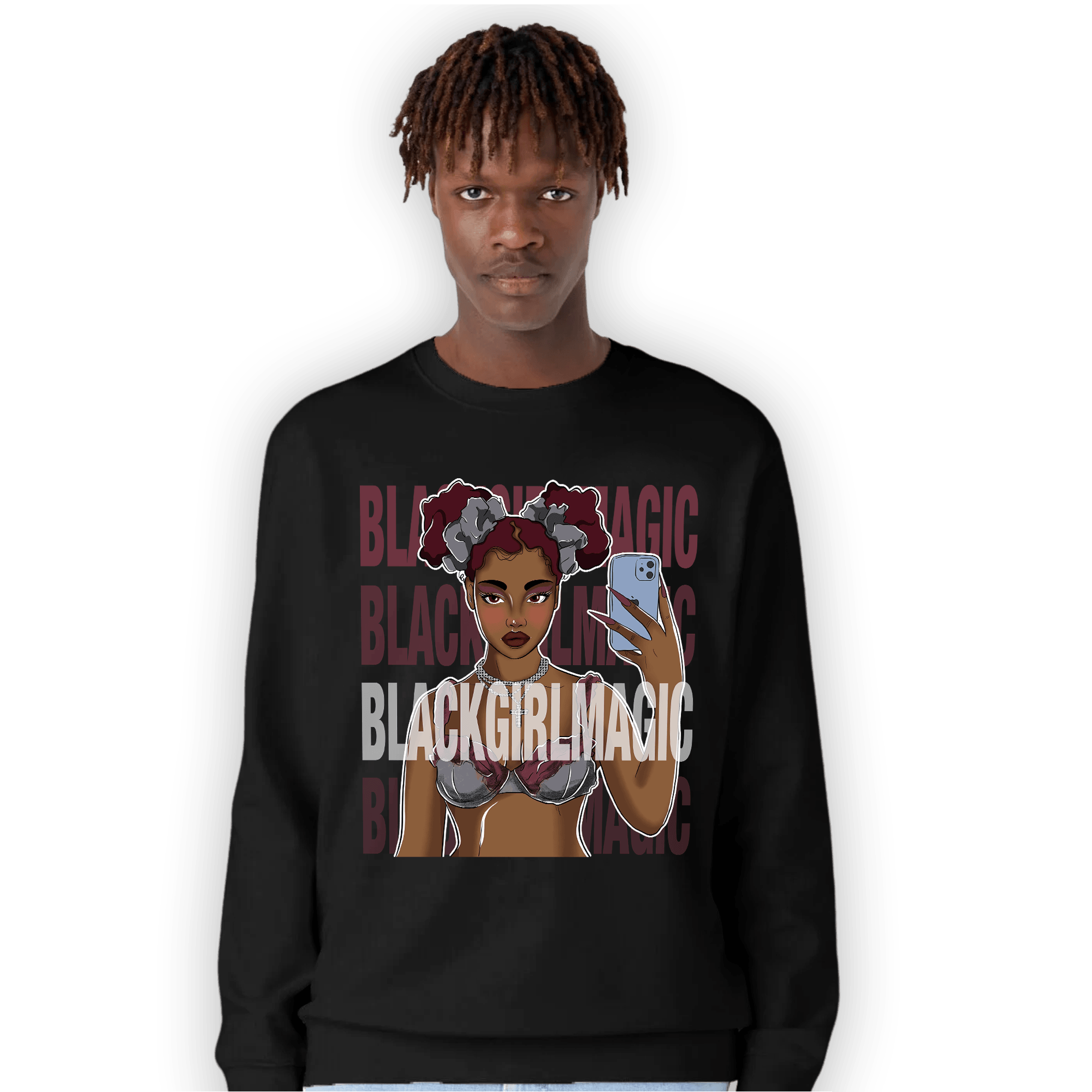 Burgundy 5s Sweatshirt Match Black Magic Girl Selfie - NastyJamz