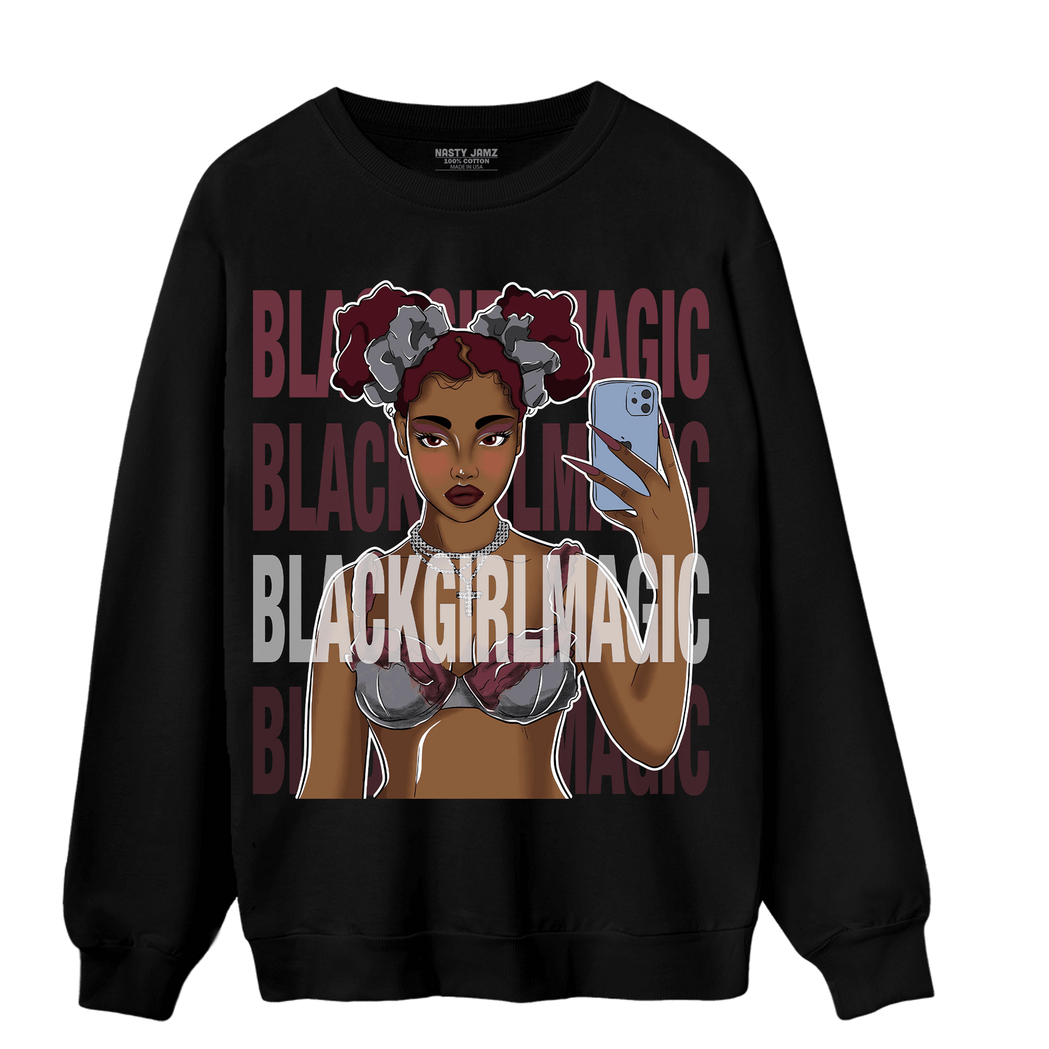 Burgundy 5s Sweatshirt Match Black Magic Girl Selfie - NastyJamz