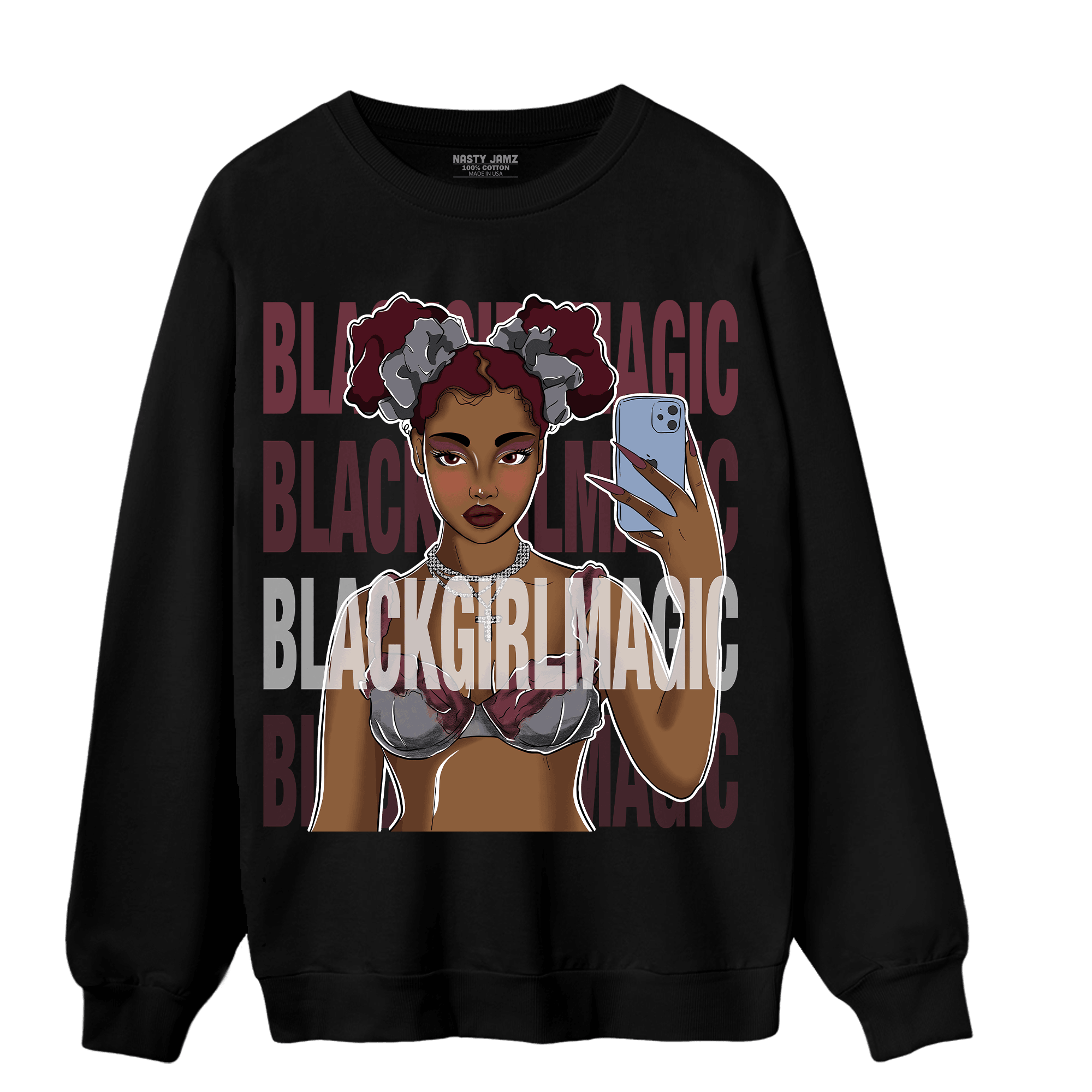 Burgundy 5s Sweatshirt Match Black Magic Girl Selfie - NastyJamz