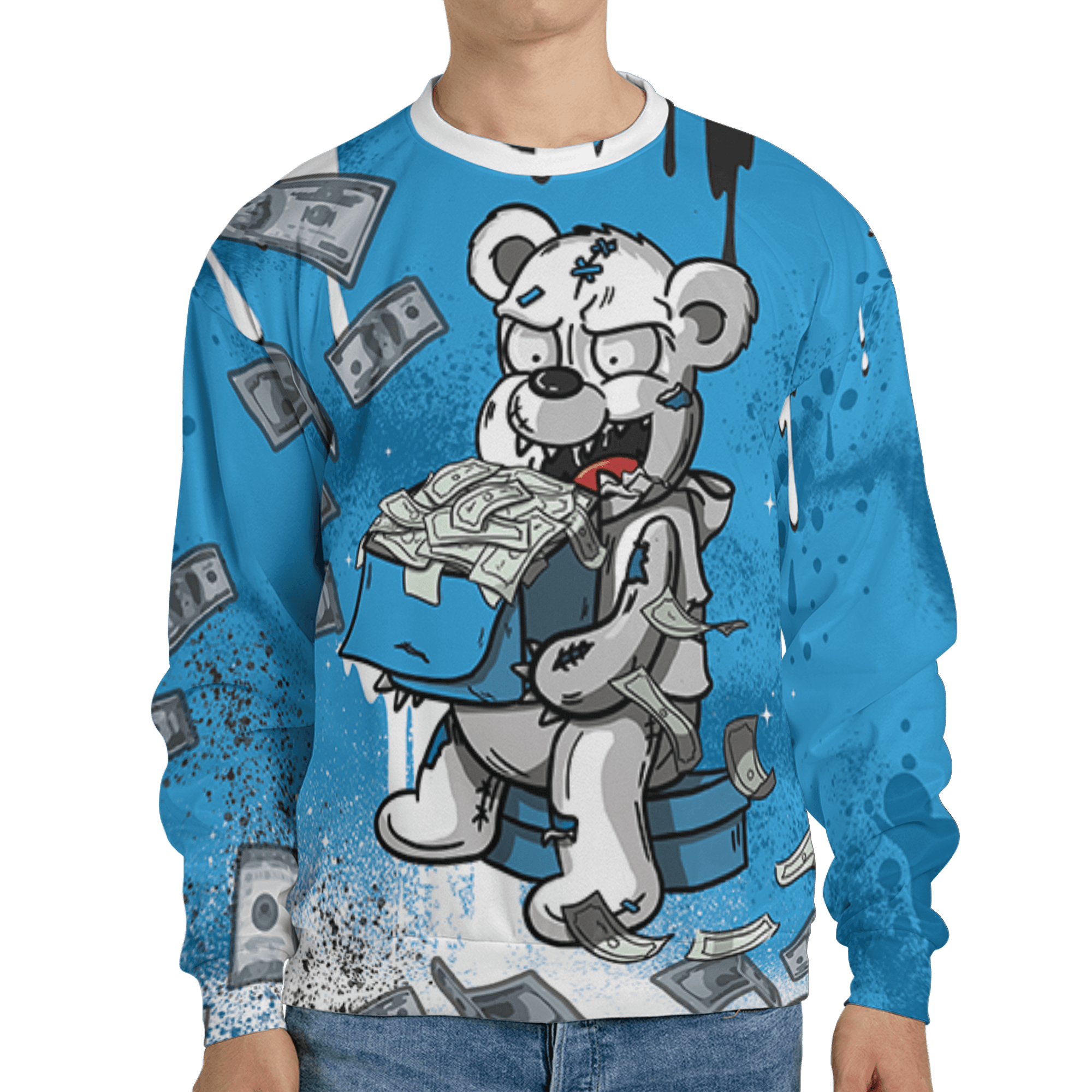 Powder Blue 9s Sweatshirt Match Cash Money 3D All-Over Print Splash Paint - NastyJamz