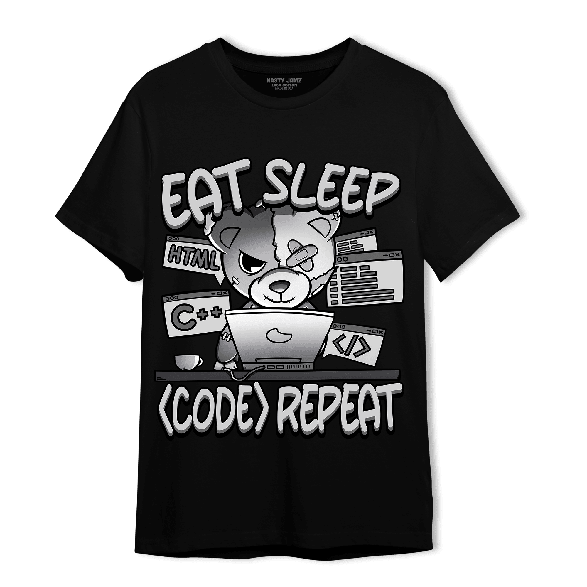 Retro High OG Black White 1s T Shirt Match Eat Sleep Code BER - NastyJamz
