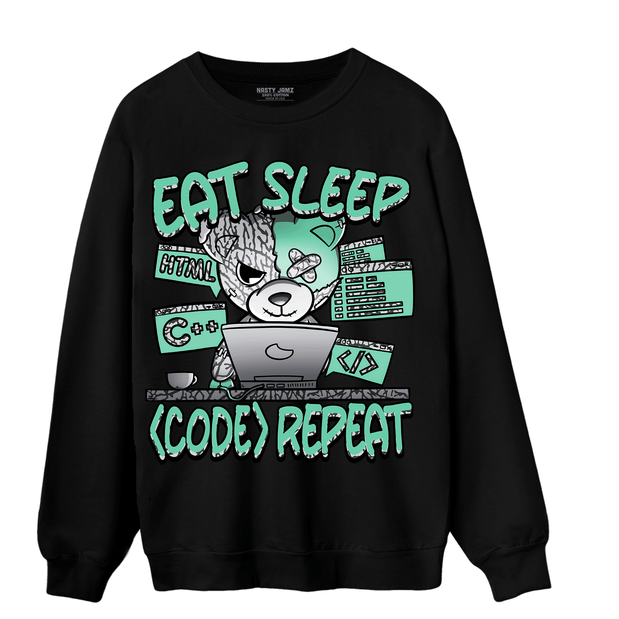Green Glow 3s Sweatshirt Match Eat Sleep Code BER - NastyJamz