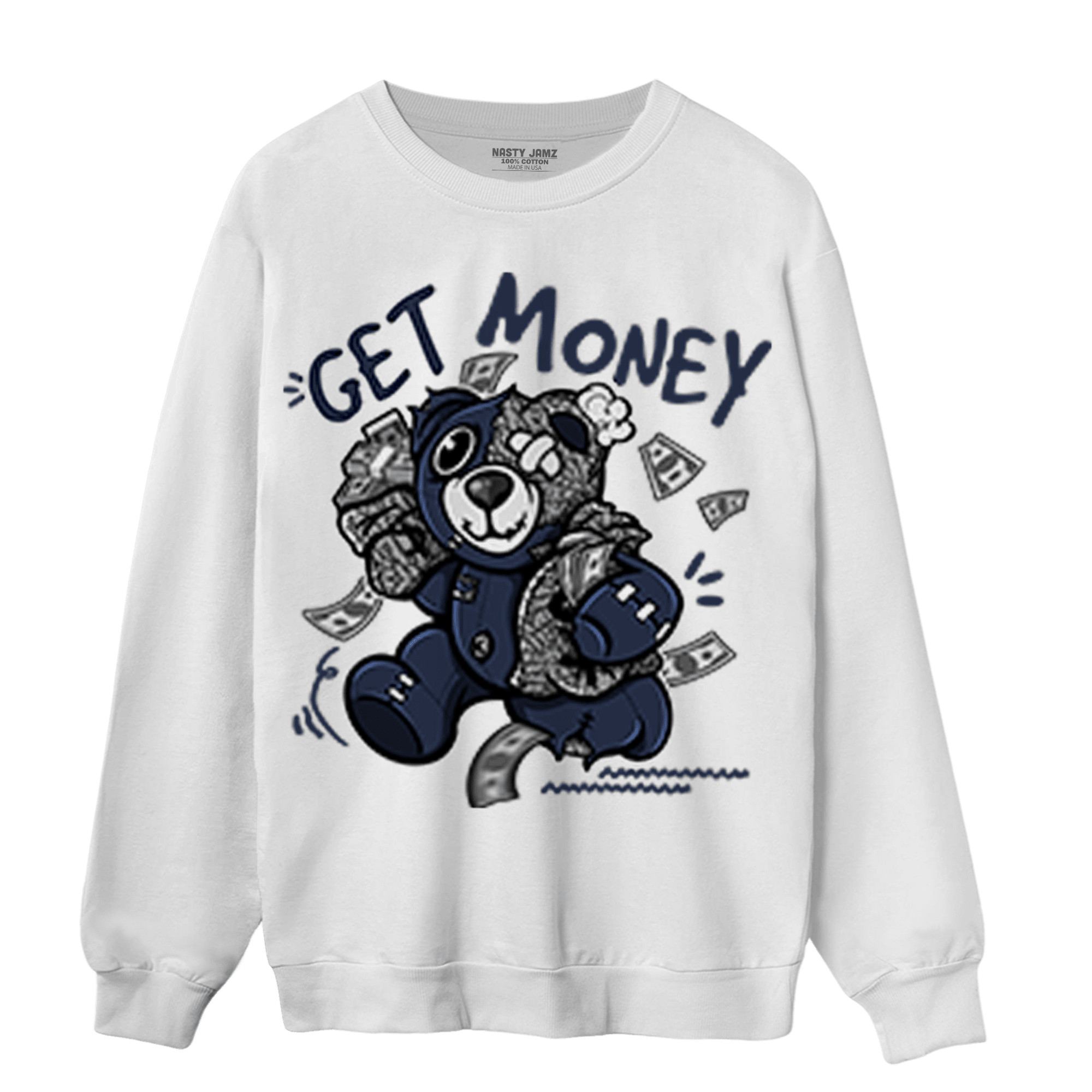White Navy 3s Sweatshirt Match Get Money BER - NastyJamz