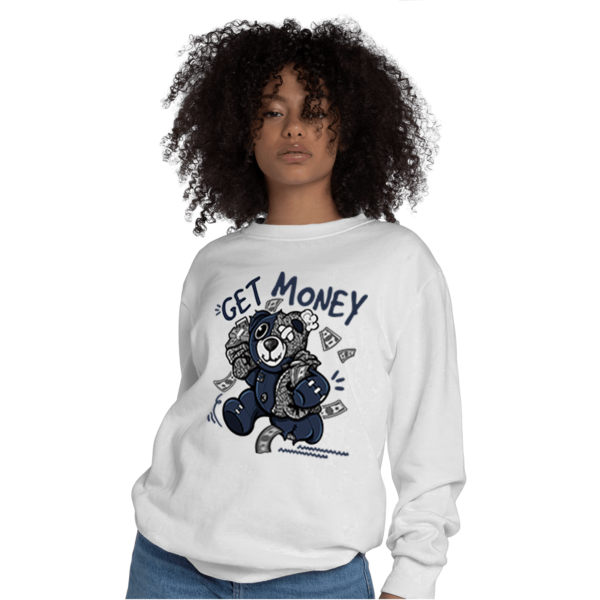 White Navy 3s Sweatshirt Match Get Money BER - NastyJamz