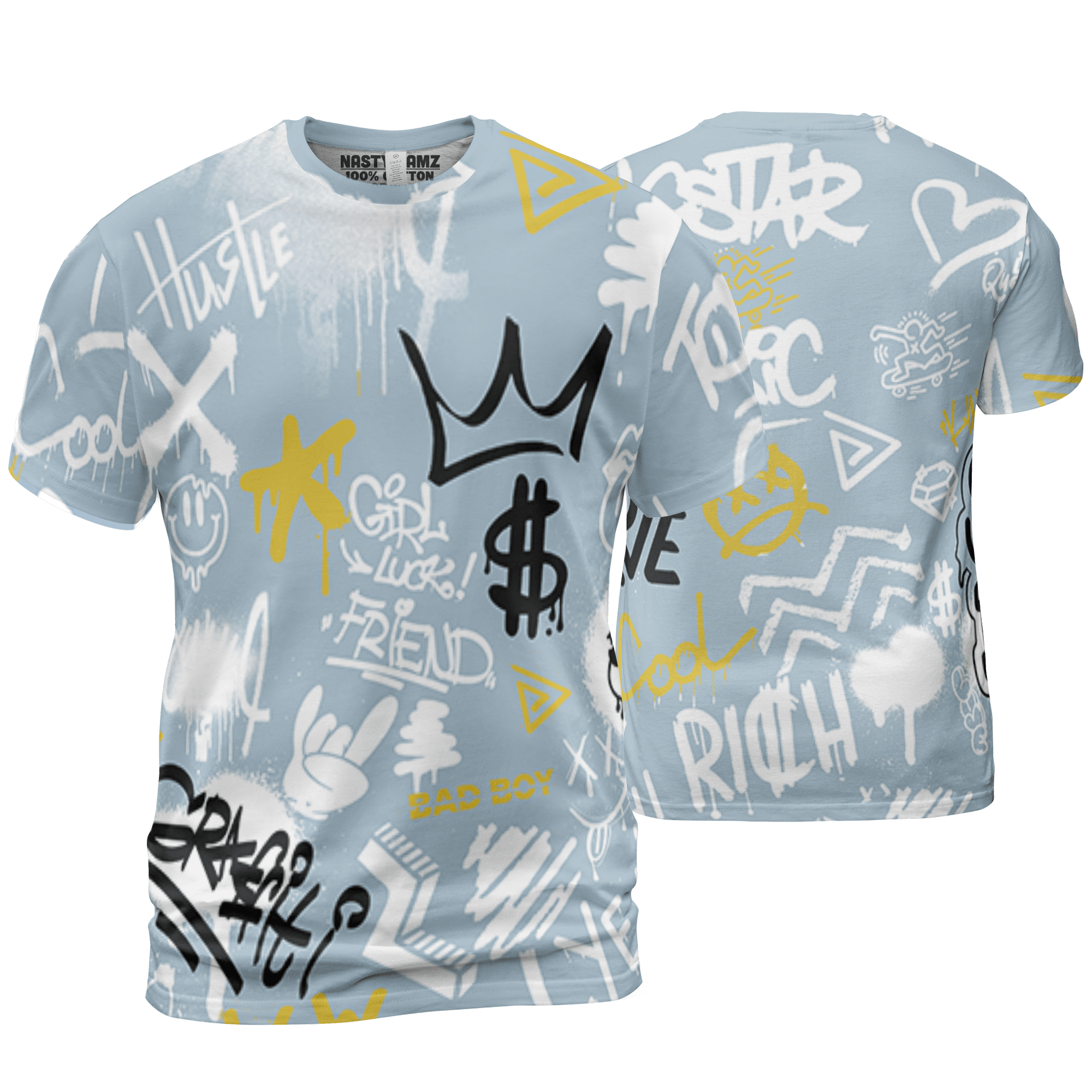 Blue Grey 13s T Shirt Match Graffiti King 3D All-Over Print Doodle Style - NastyJamz