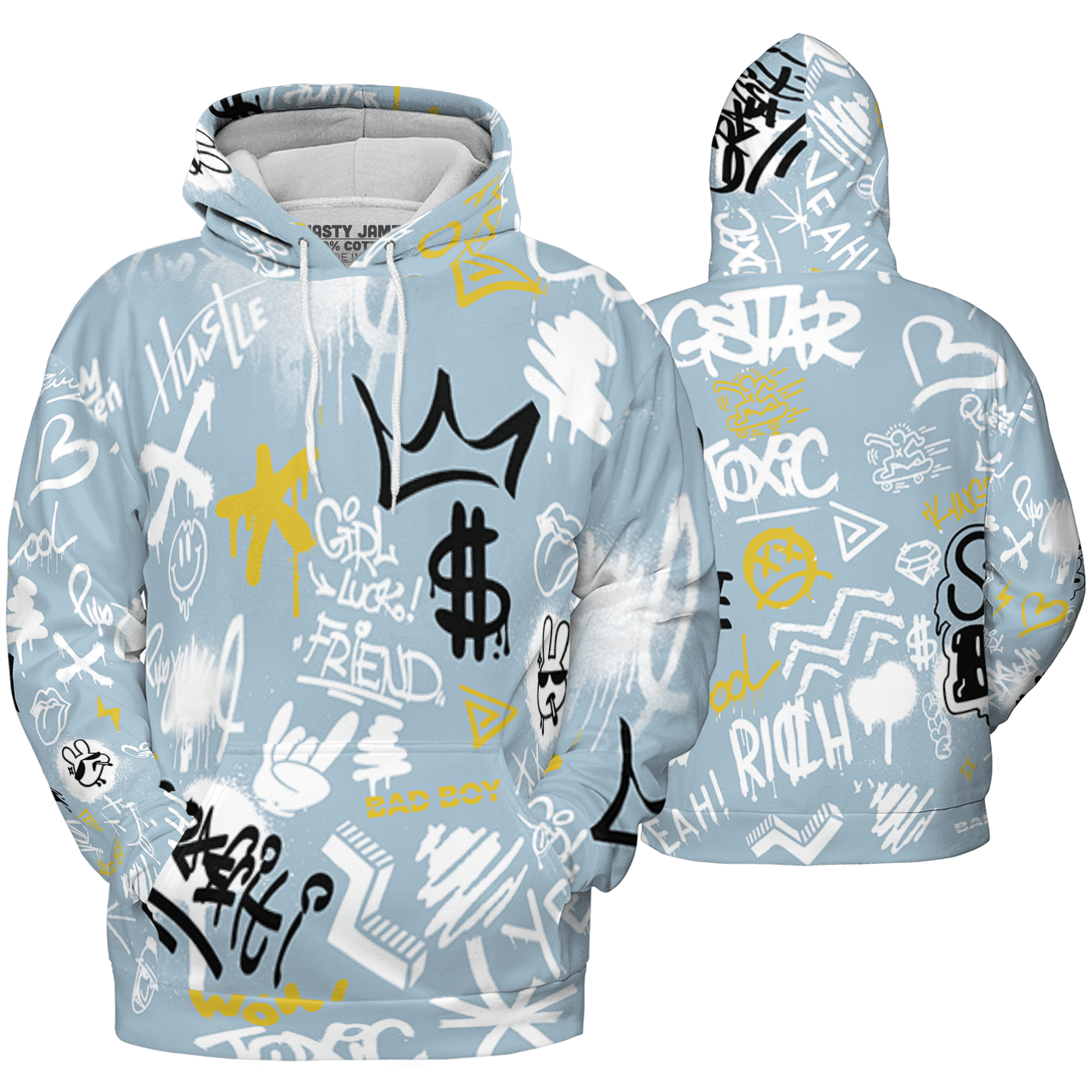 Blue Grey 13s Hoodie Match Graffiti King 3D All-Over Print Doodle Style - NastyJamz