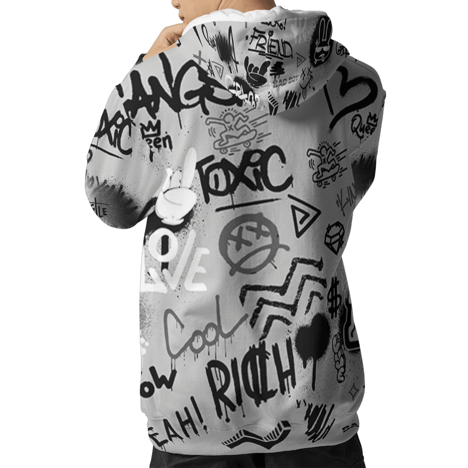 Retro High OG Black White 1s Hoodie Match Graffiti King 3D All-Over Print Doodle Style - NastyJamz