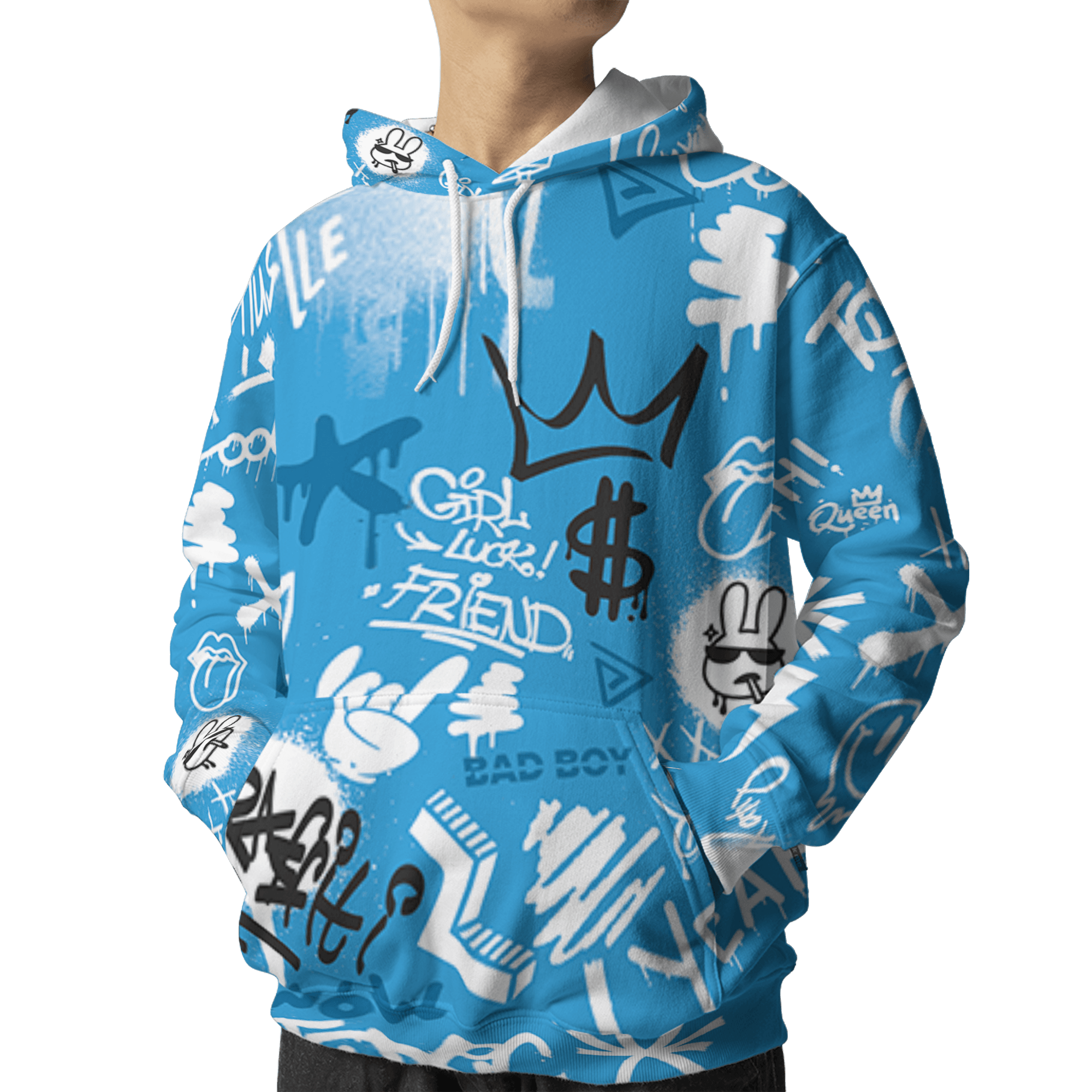 Powder Blue 9s Hoodie Match Graffiti King 3D All-Over Print Doodle Style - NastyJamz
