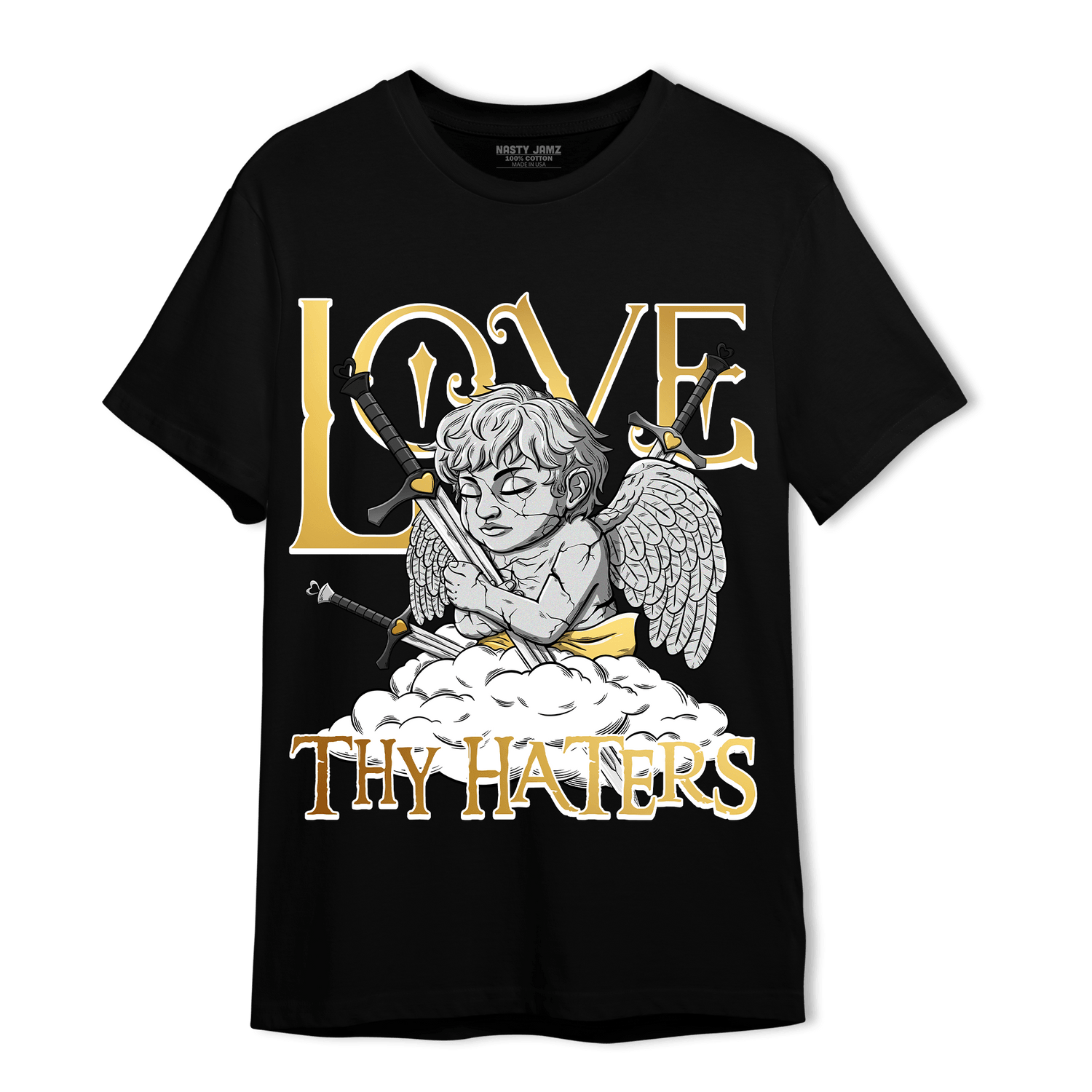 Mid SE Black Gold 1s T Shirt Match Love Thy Haters Angel - NastyJamz