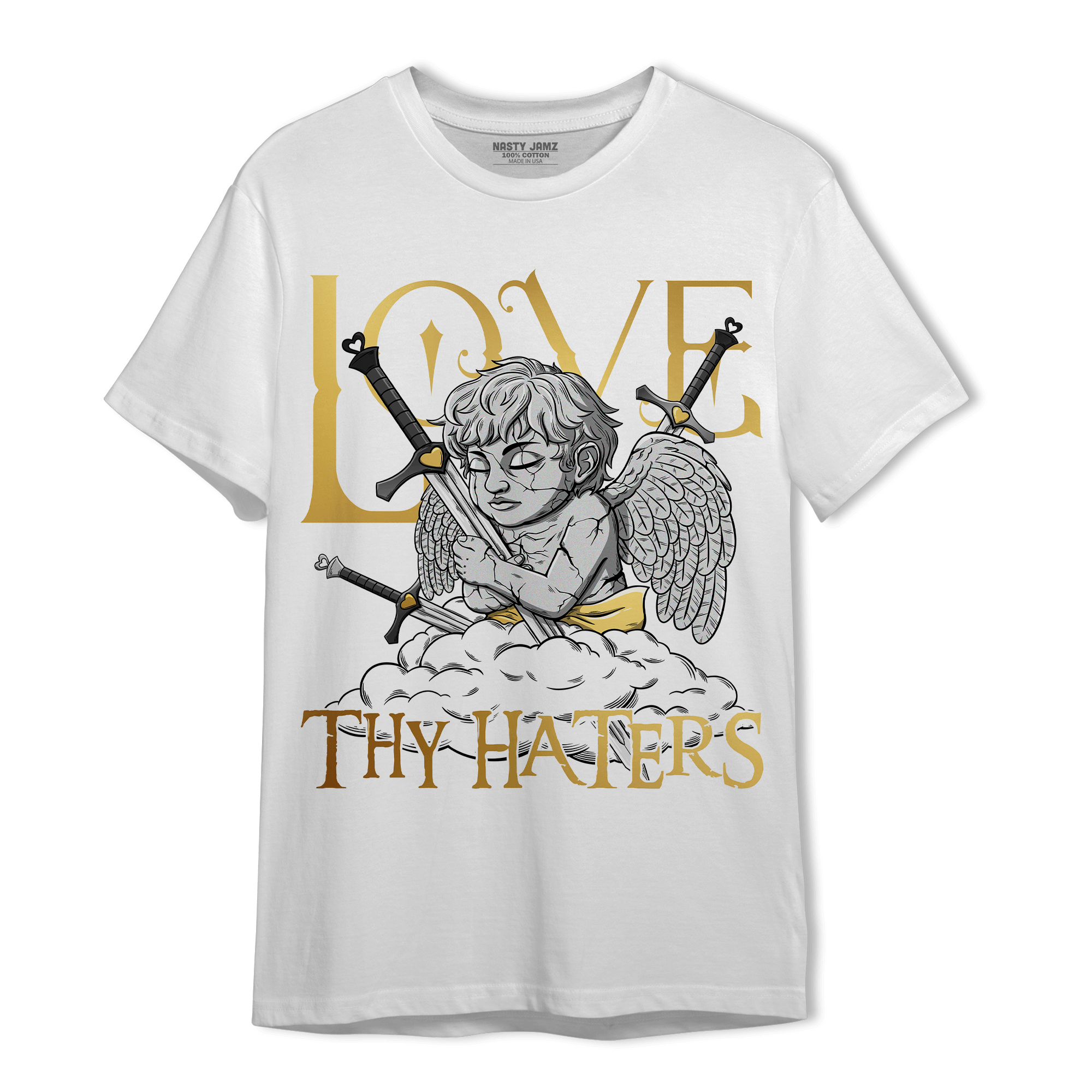 Mid SE Black Gold 1s T Shirt Match Love Thy Haters Angel - NastyJamz