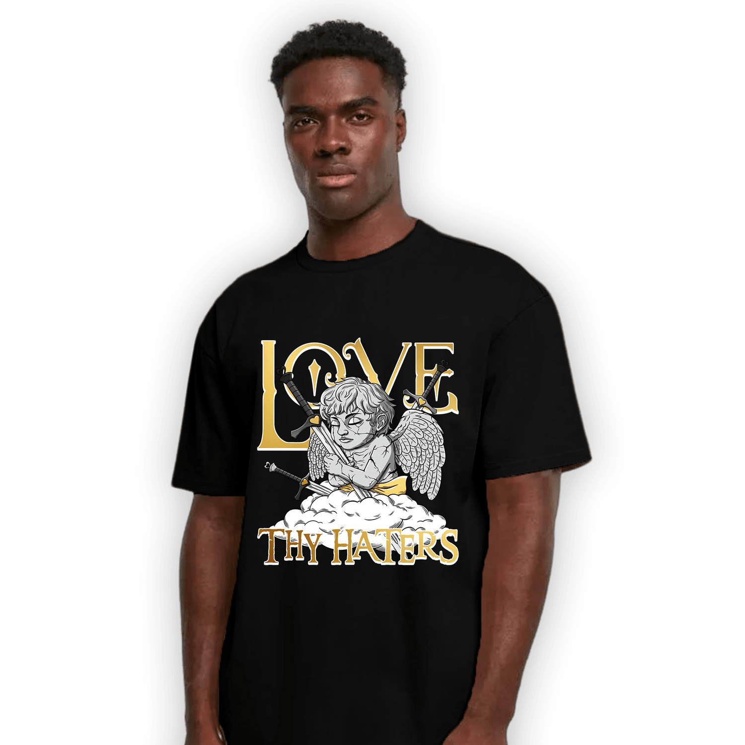 Mid SE Black Gold 1s T Shirt Match Love Thy Haters Angel - NastyJamz