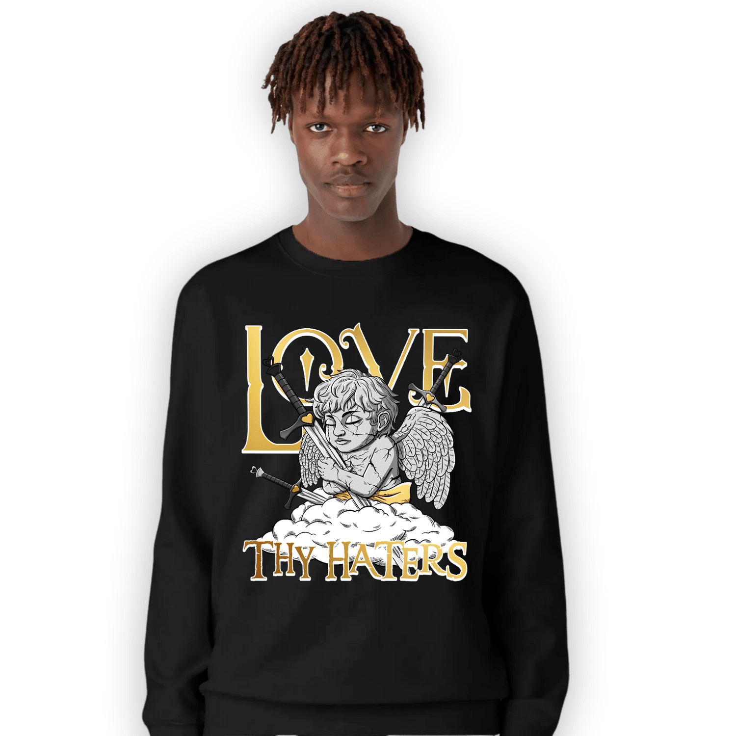 Mid SE Black Gold 1s Sweatshirt Match Love Thy Haters Angel - NastyJamz