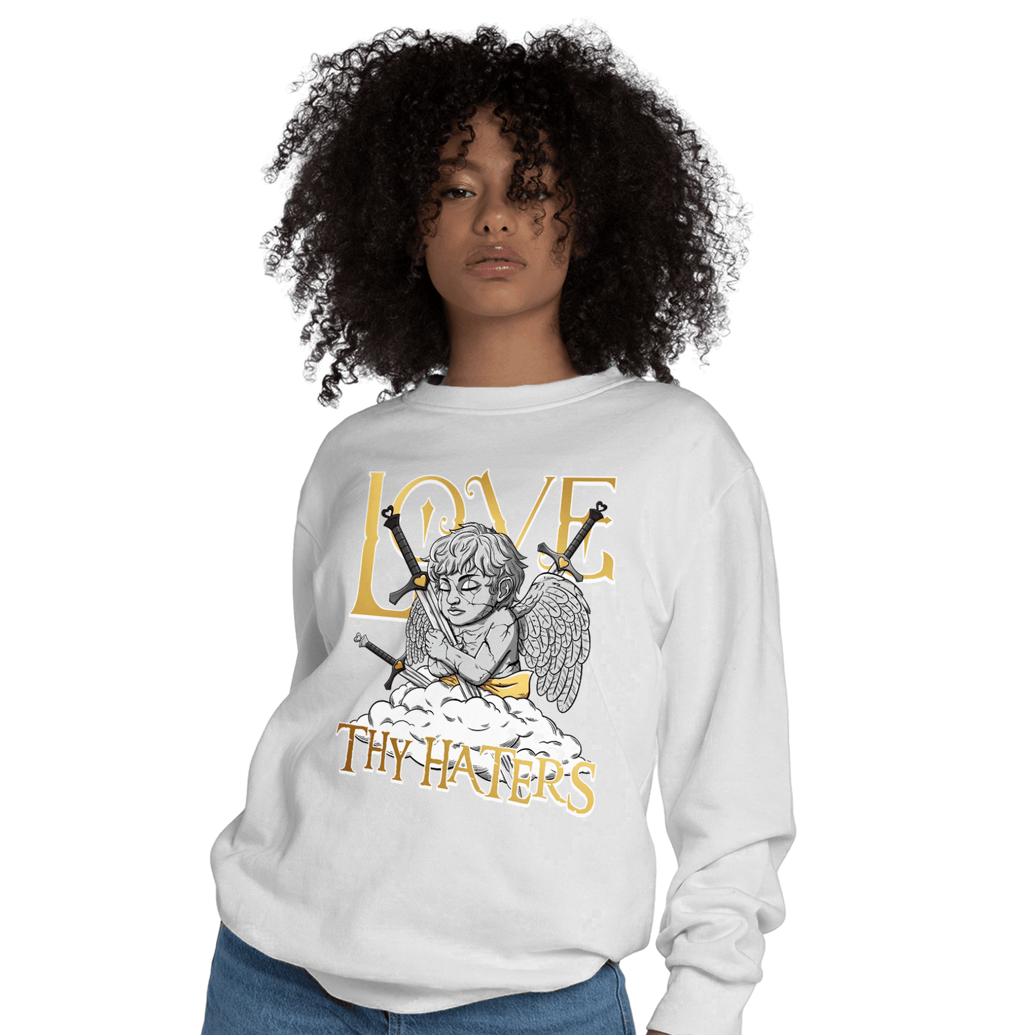 Mid SE Black Gold 1s Sweatshirt Match Love Thy Haters Angel - NastyJamz