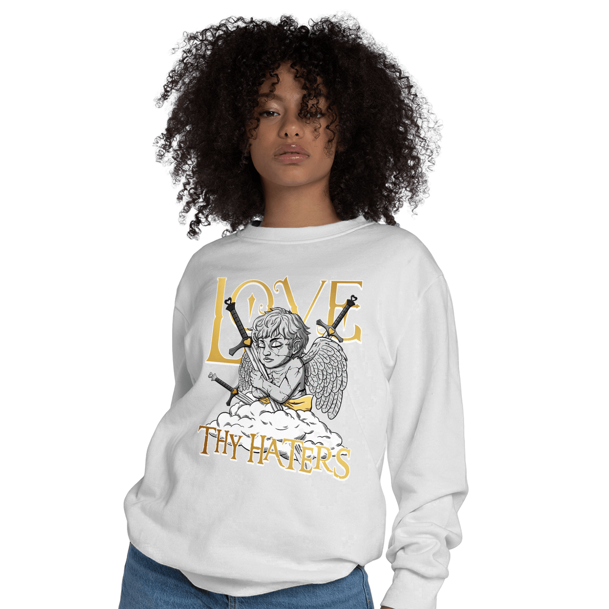 Mid SE Black Gold 1s Sweatshirt Match Love Thy Haters Angel - NastyJamz