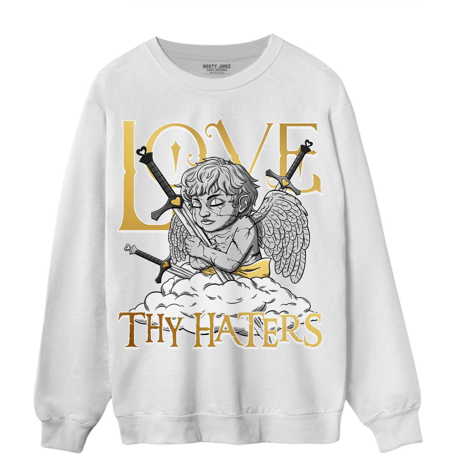 Mid SE Black Gold 1s Sweatshirt Match Love Thy Haters Angel - NastyJamz