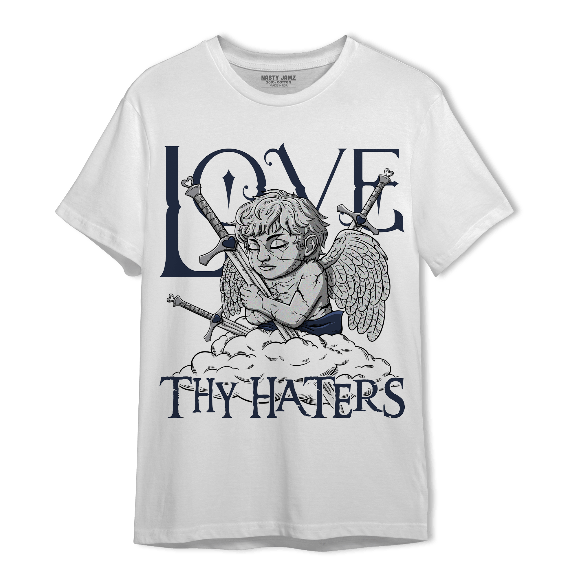 White Navy 3s T Shirt Match Love Thy Haters Angel - NastyJamz