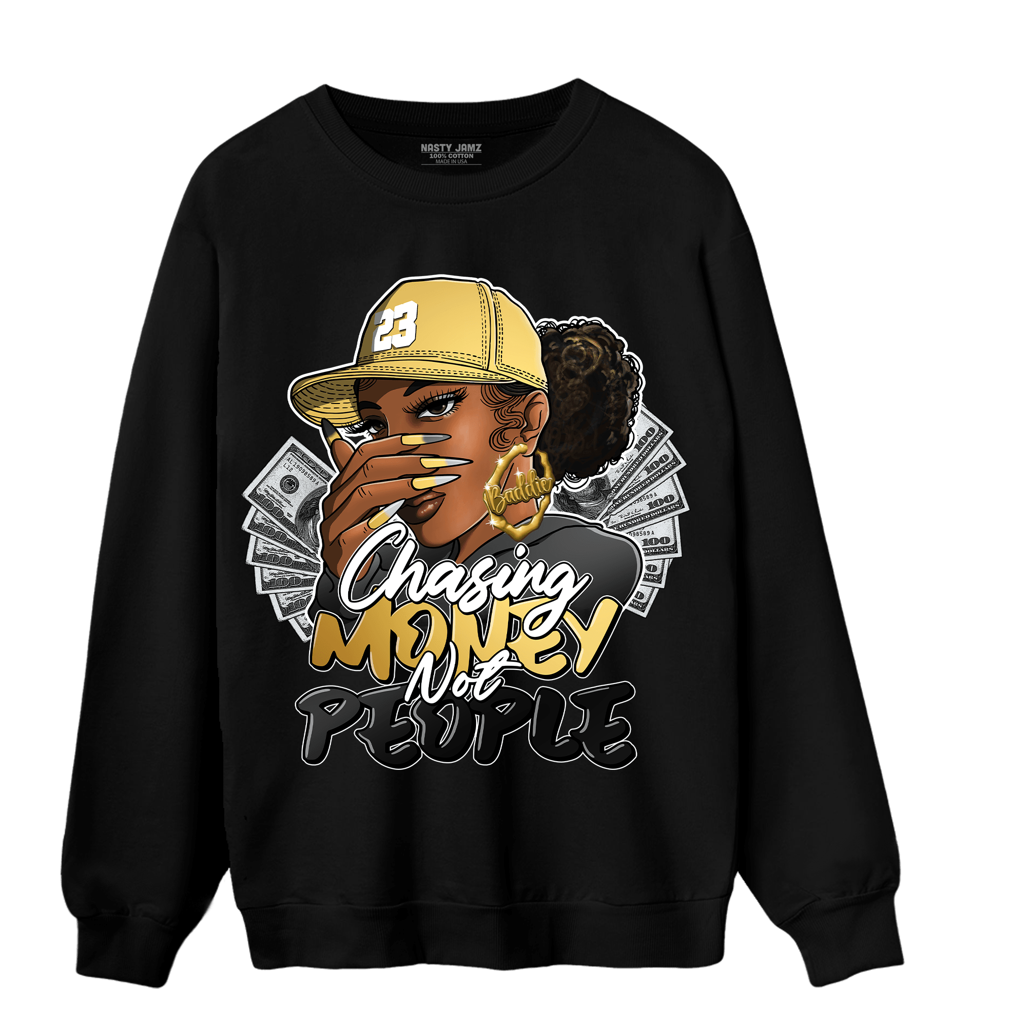 Mid SE Black Gold 1s Sweatshirt Match Melanin Chasing Money - NastyJamz
