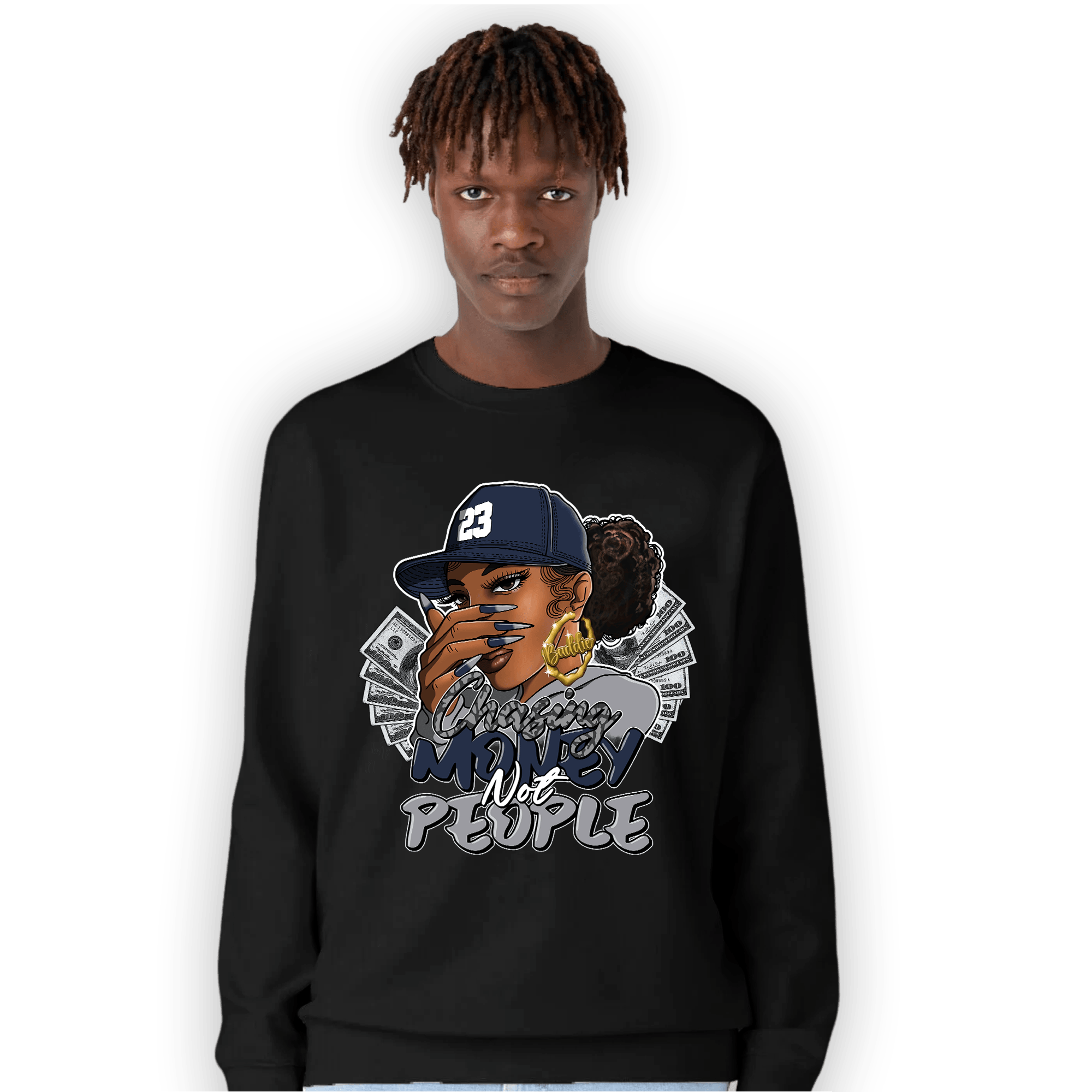 White Navy 3s Sweatshirt Match Melanin Chasing Money - NastyJamz