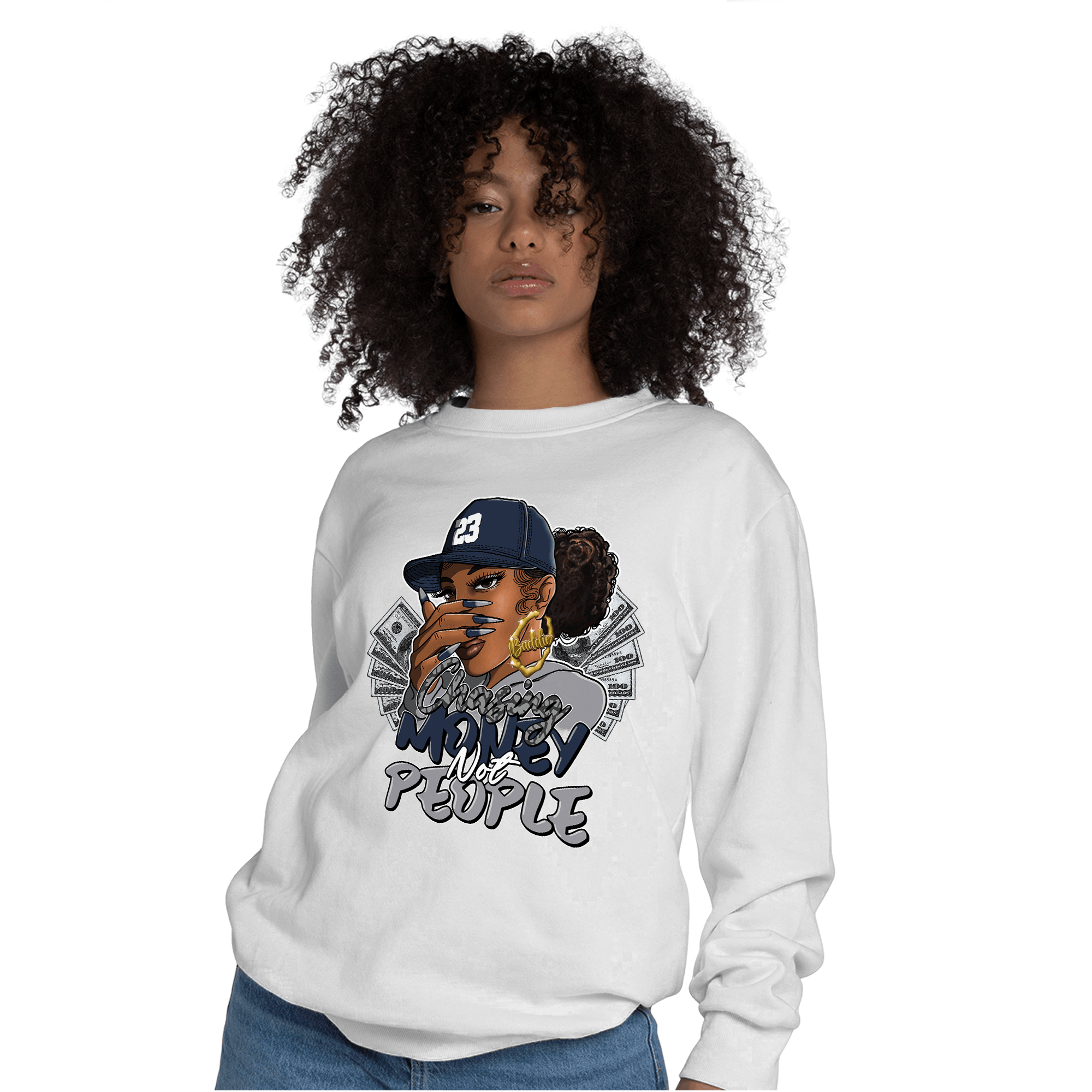 White Navy 3s Sweatshirt Match Melanin Chasing Money - NastyJamz