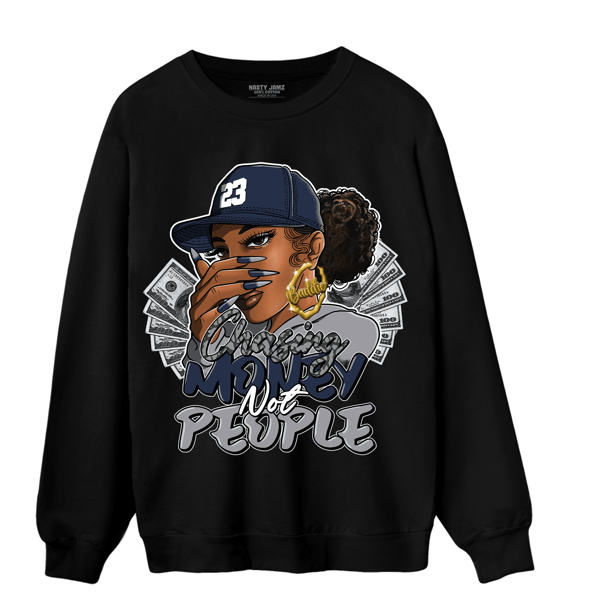 White Navy 3s Sweatshirt Match Melanin Chasing Money - NastyJamz