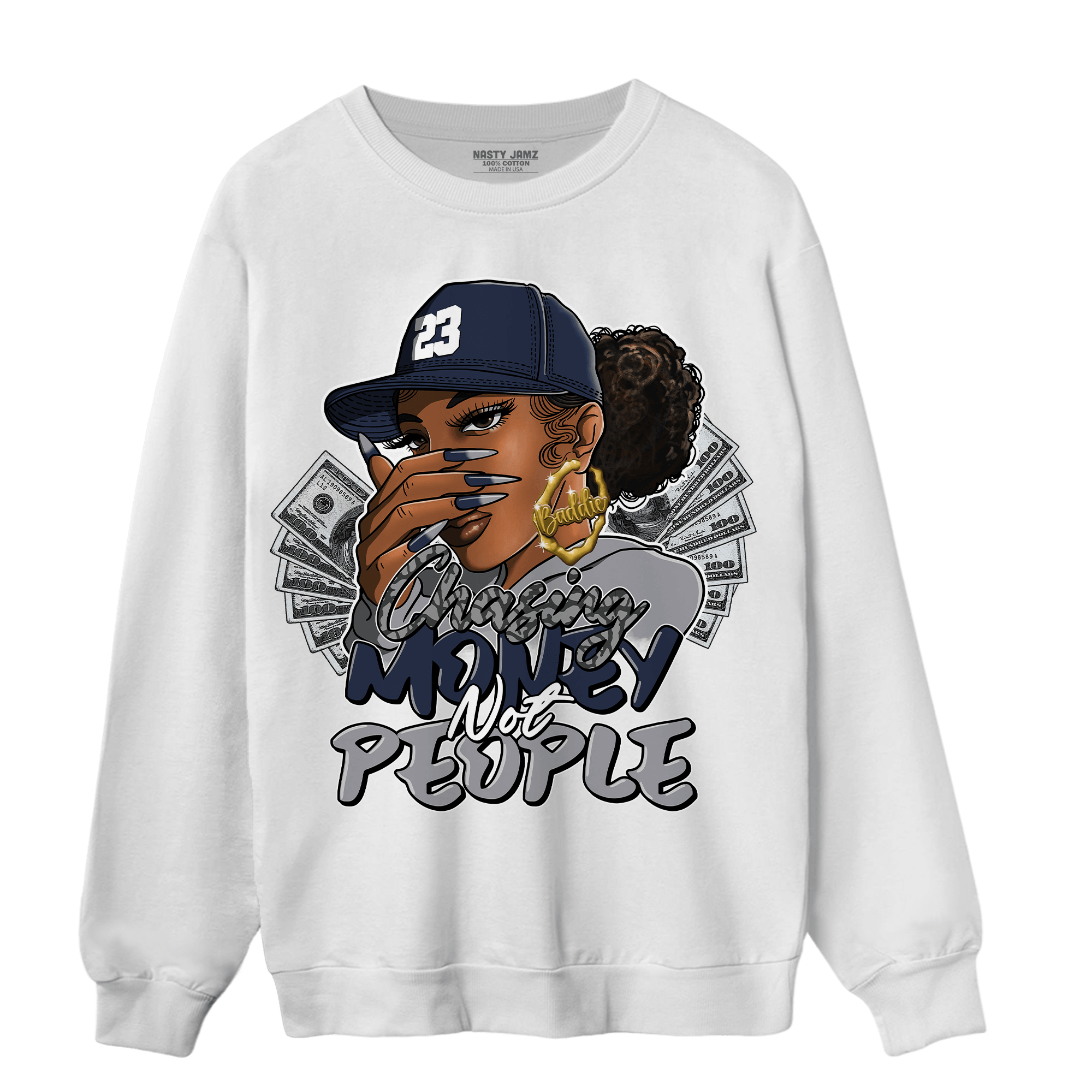 White Navy 3s Sweatshirt Match Melanin Chasing Money - NastyJamz