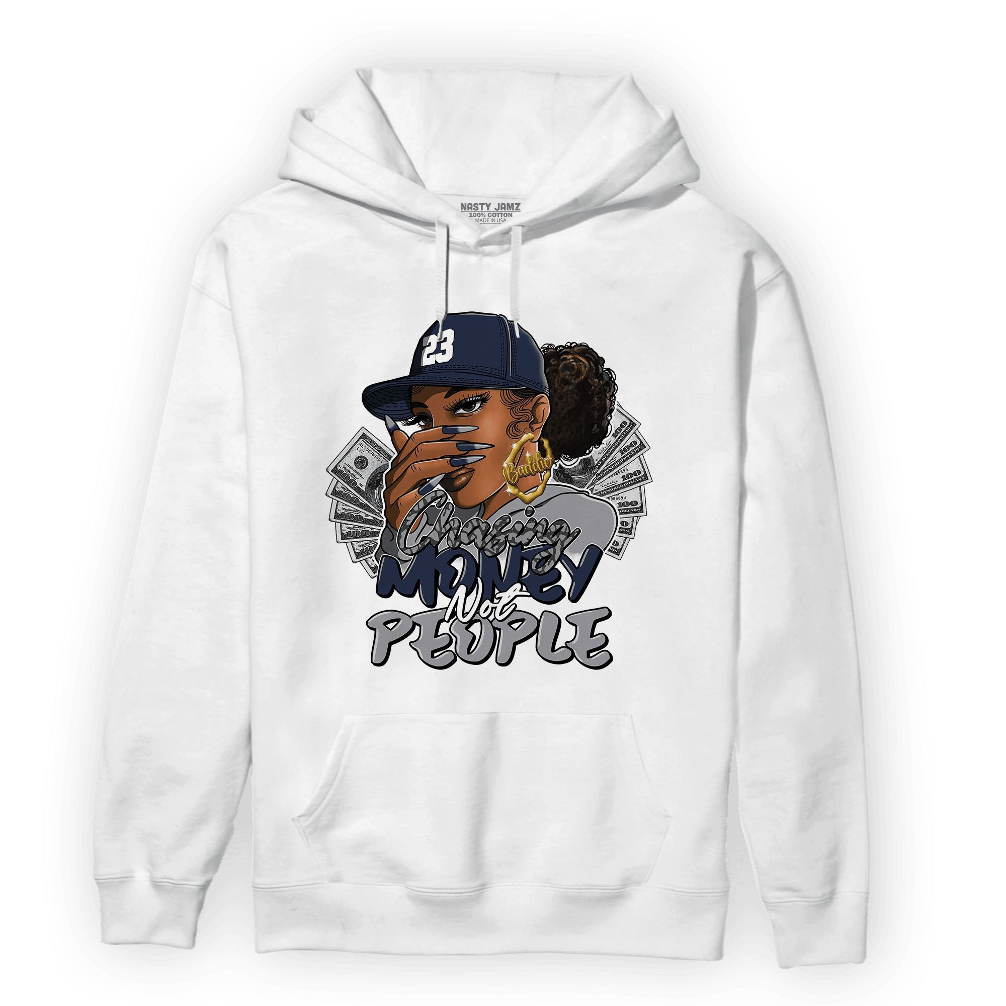 White Navy 3s Hoodie Match Melanin Chasing Money - NastyJamz