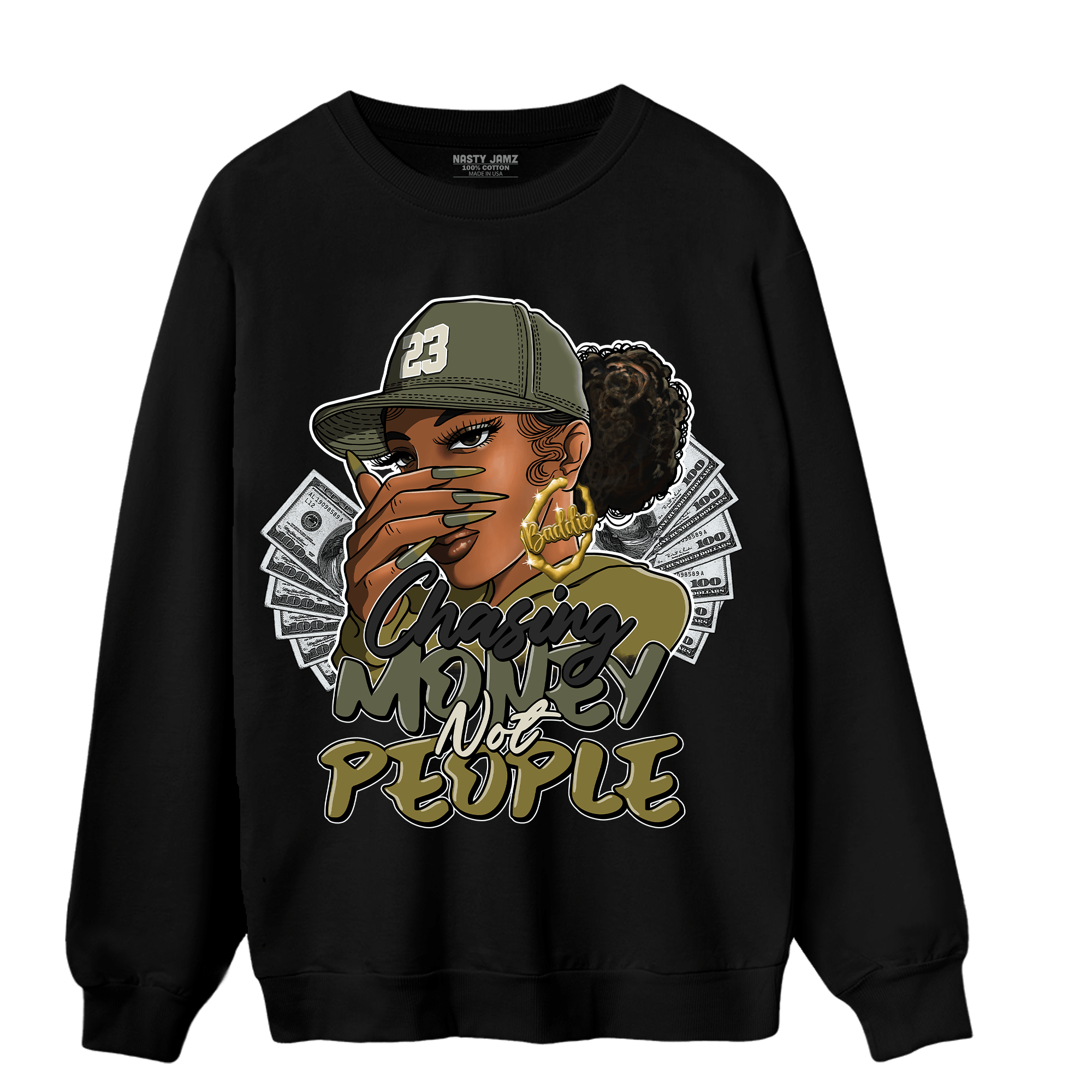 SE Craft Medium Olive 4s Sweatshirt Match Melanin Chasing Money - NastyJamz